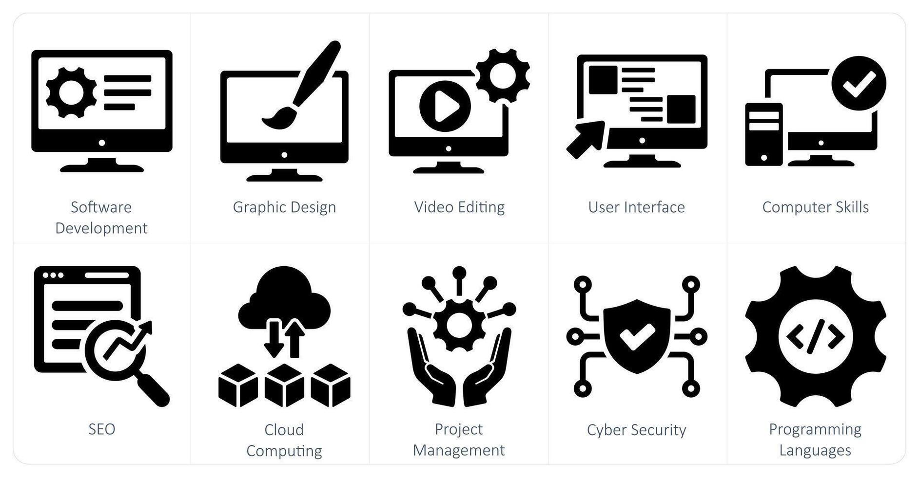 A set of 10 hard skills icons as software development, graphic design, editing vector