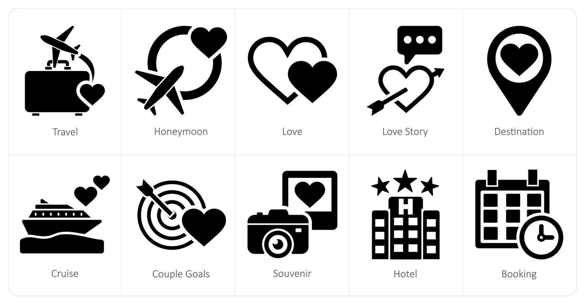 A set of 10 honeymoon icons as travel, honeymoon, love, love story vector