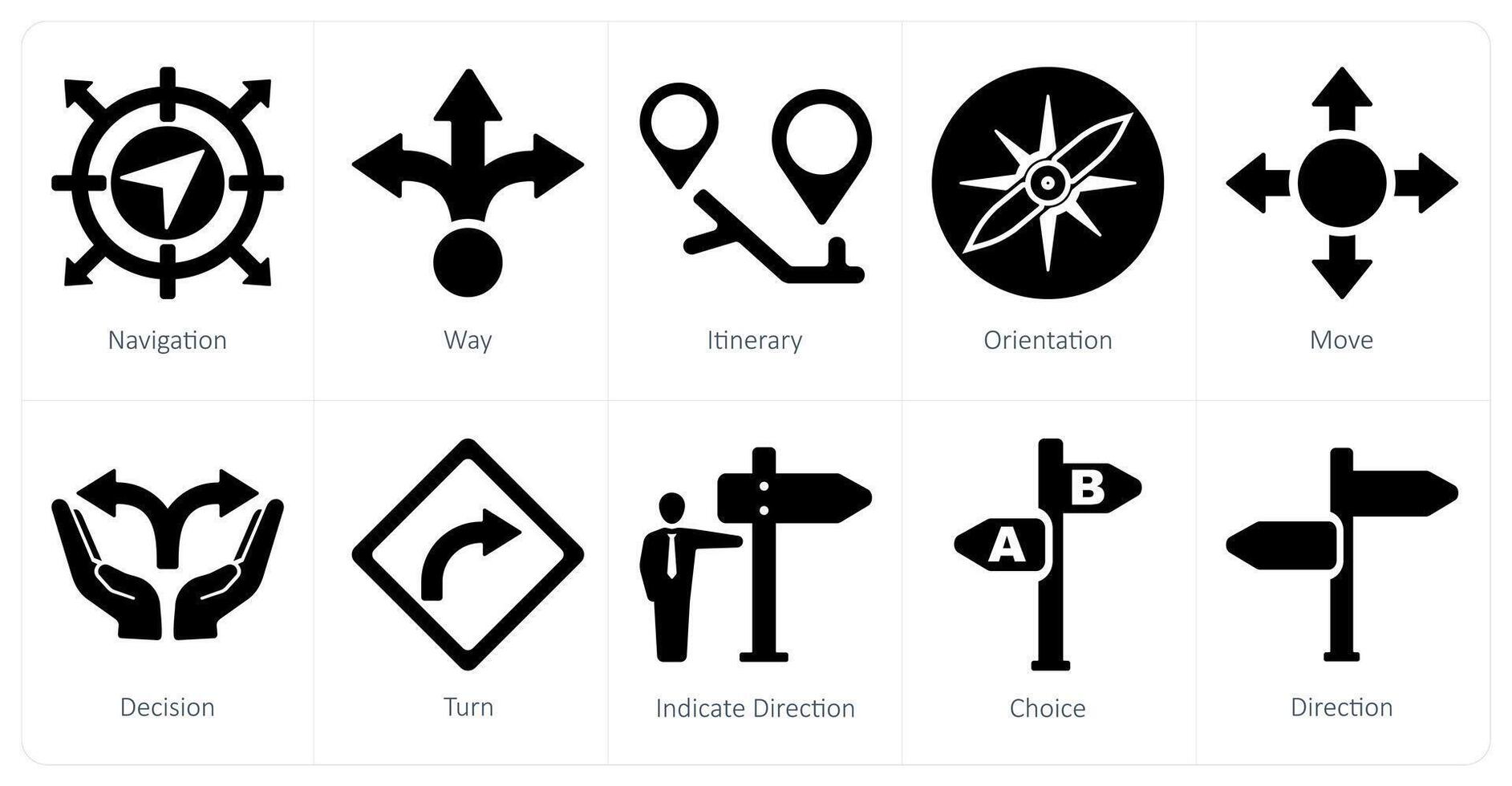 A set of 10 direction icons as navigation, way, itinerary vector