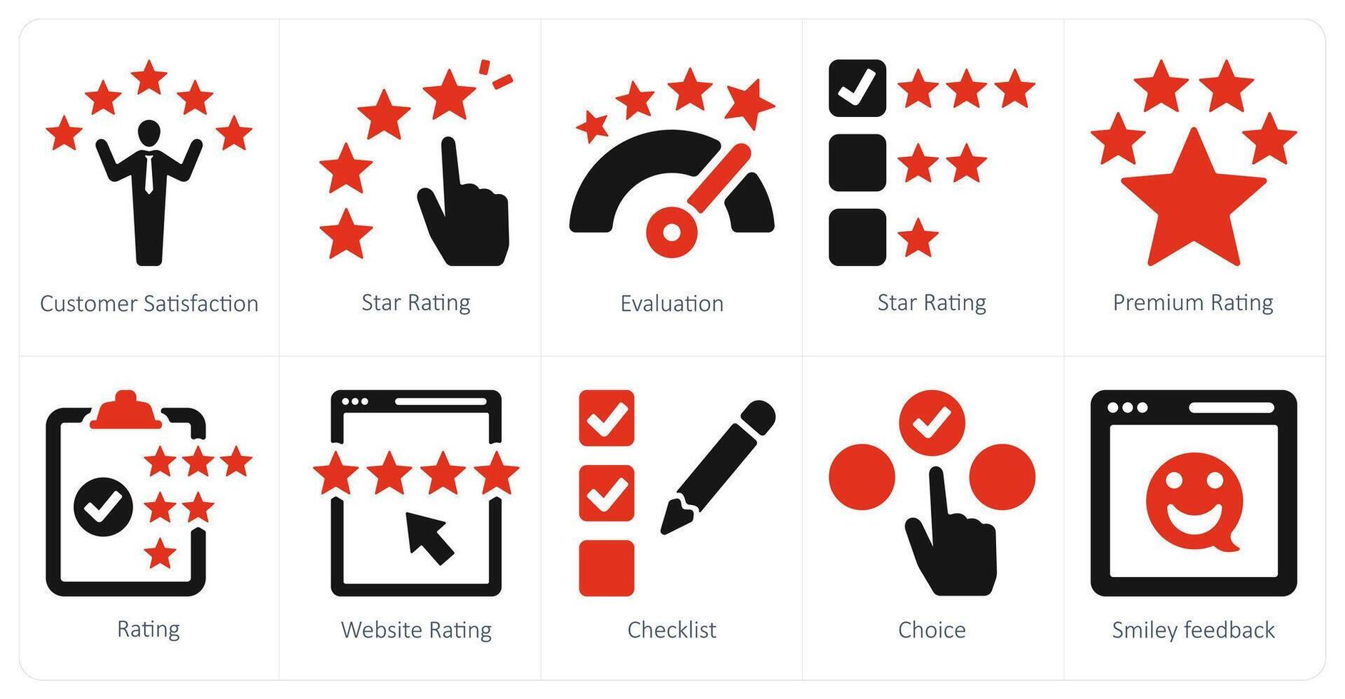 A set of 10 survey and rating icons as customer satifsfaction, star rating, evaluation vector