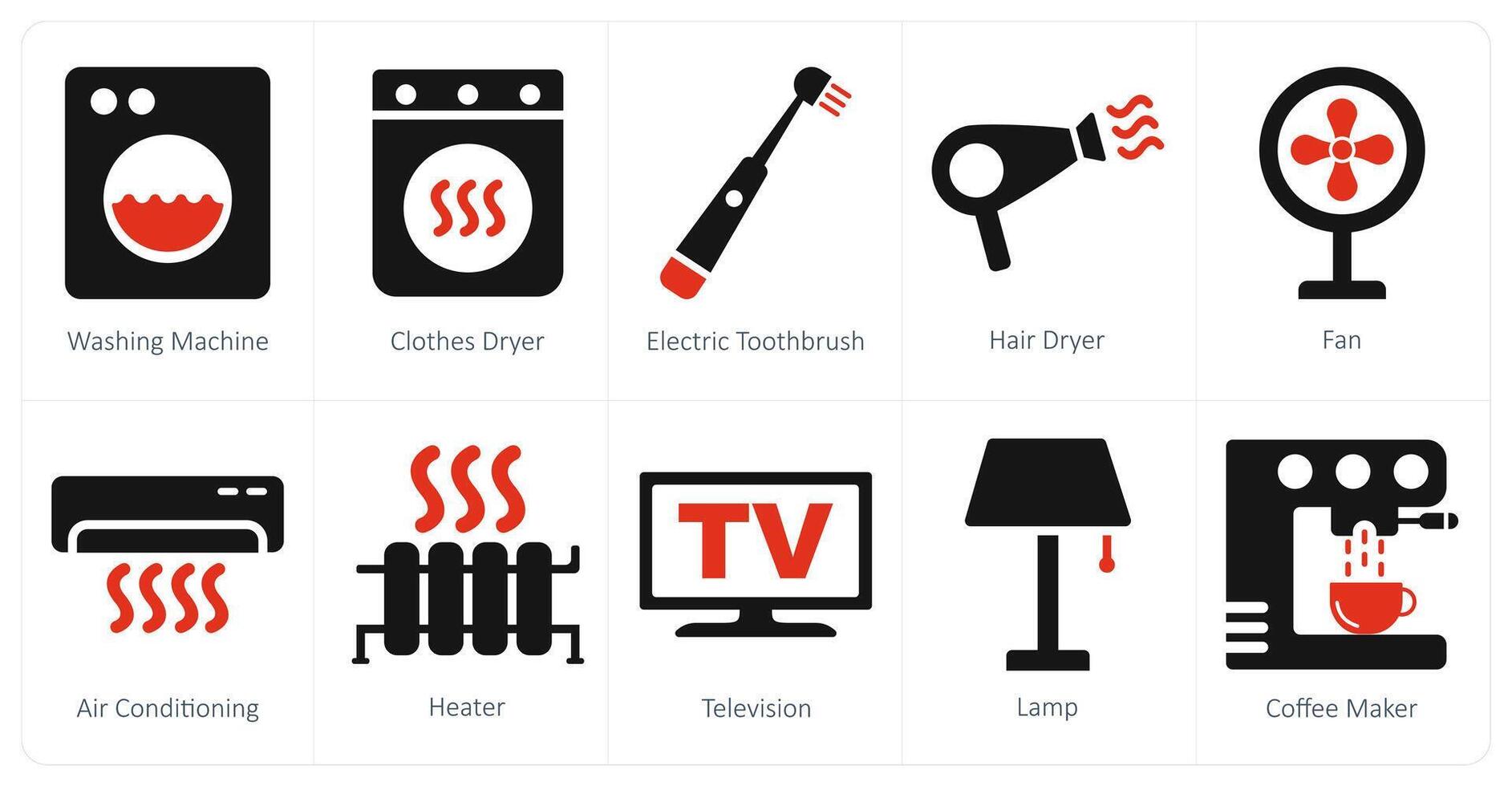 A set of 10 home appliances icons as washing machine, clothes dryer, electric toothpaste vector