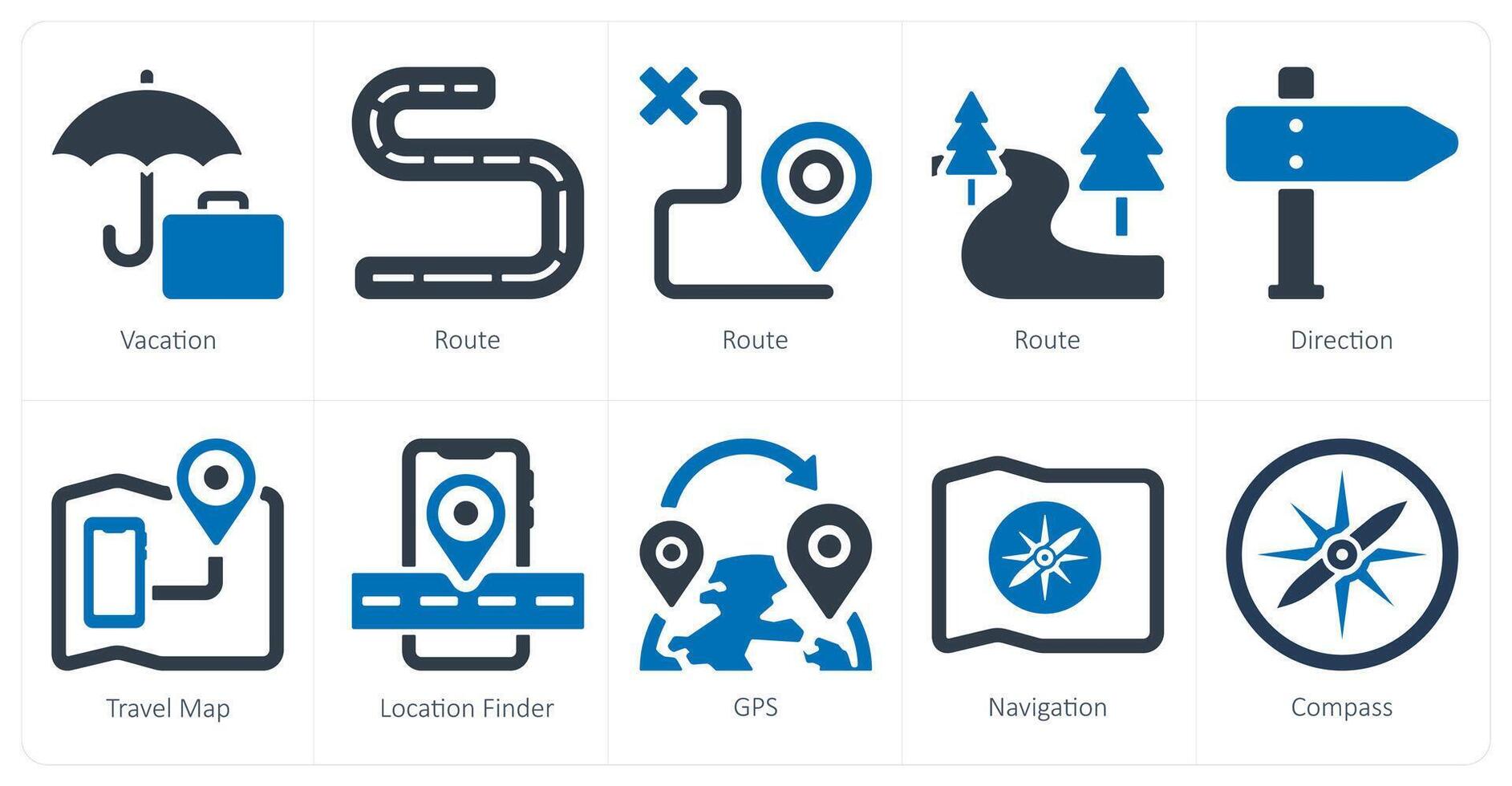 A set of 10 Travel and vacation icons as vacation, route, direction vector