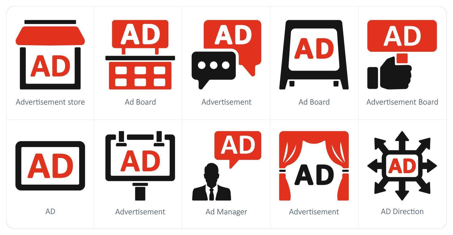 un conjunto de 10 anuncios y márketing íconos como anuncio almacenar, anuncio junta, anuncio vector