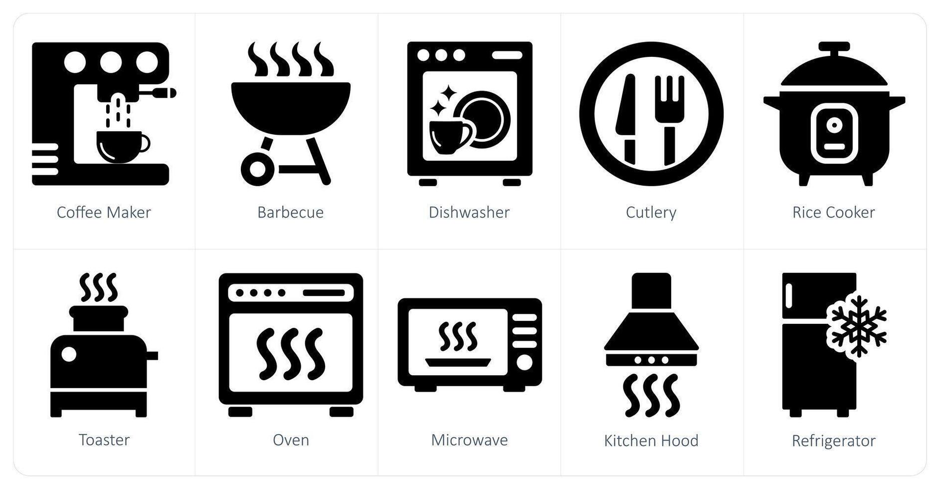 A set of 10 home appliances icons as coffee maker, barbecue, dishwaser vector