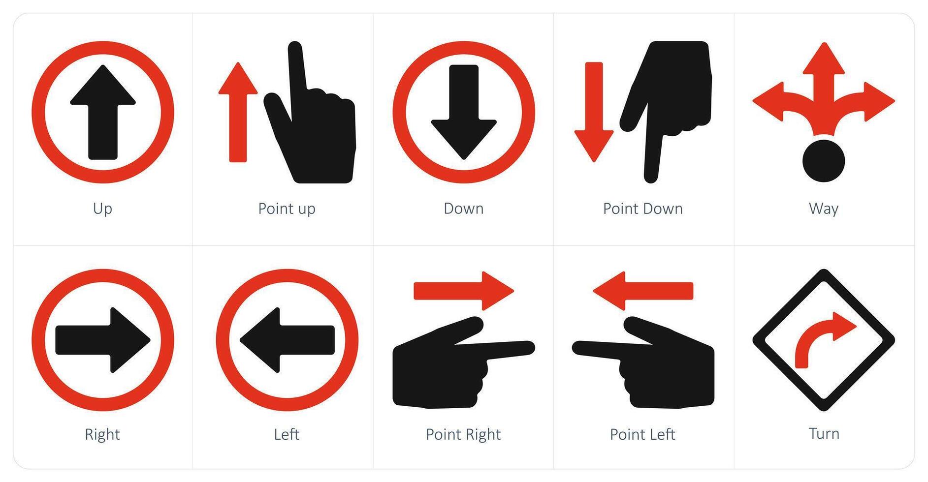 A set of 10 direction icons as up, point up, down vector