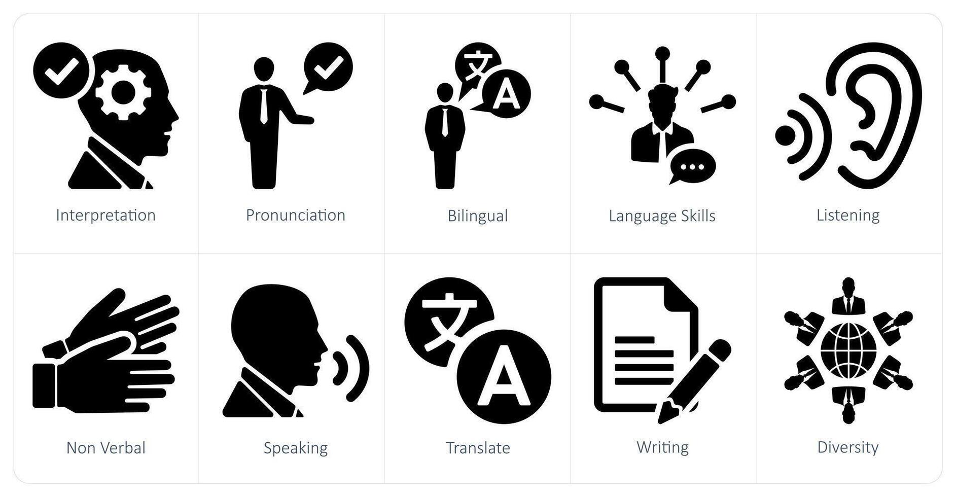 A set of 10 language icons as interpretation, pronounciation, bilingual vector