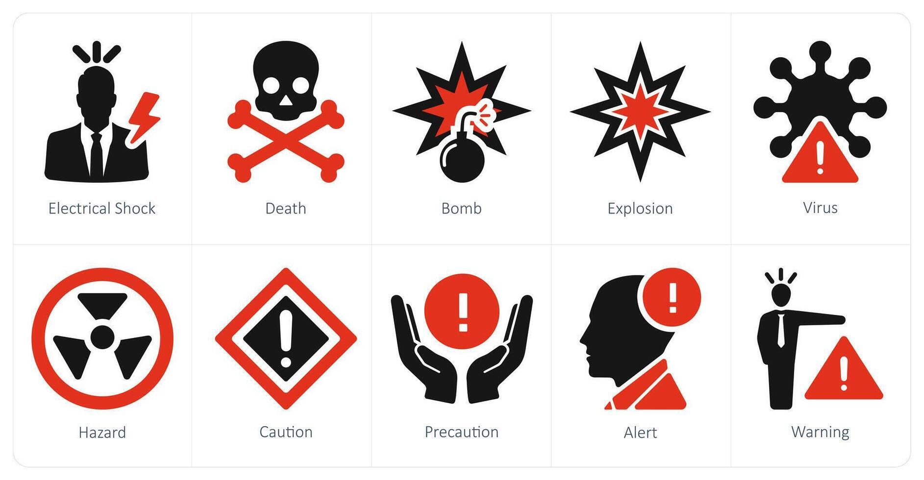 A set of 10 hazard danger icons as electrical shock, death, bomb vector