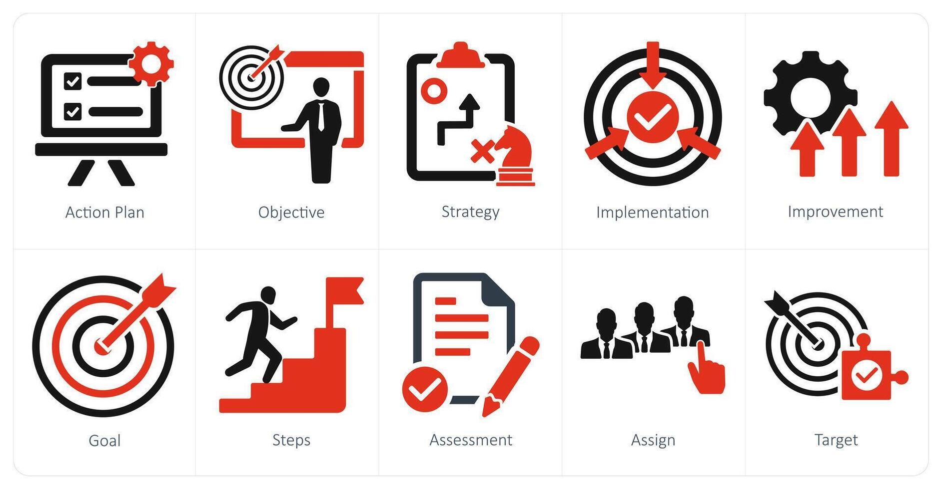 A set of 10 action plan icons as action plan, objective, strategy vector