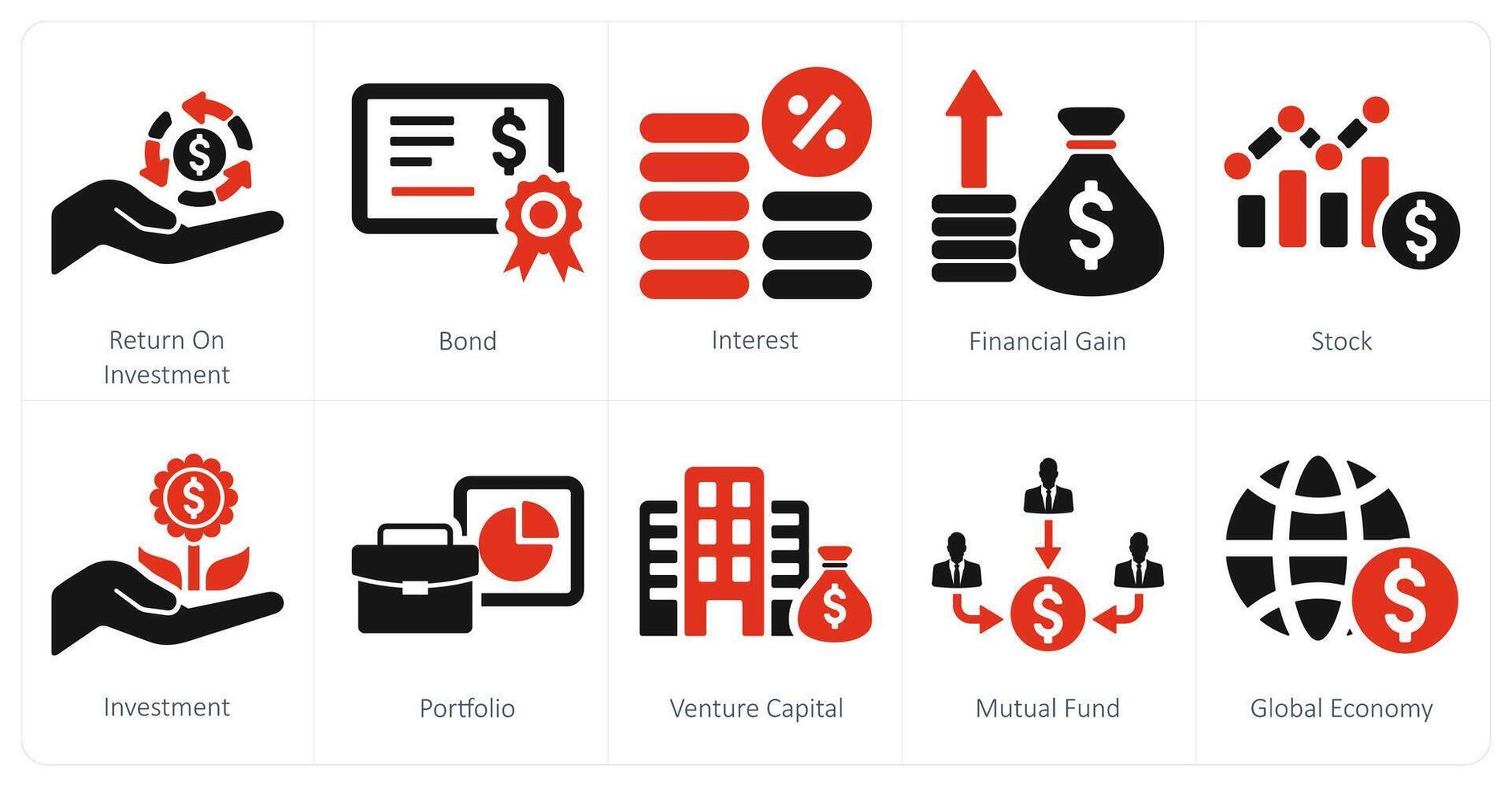 A set of 10 investment icons as return on investment, bond, interest vector