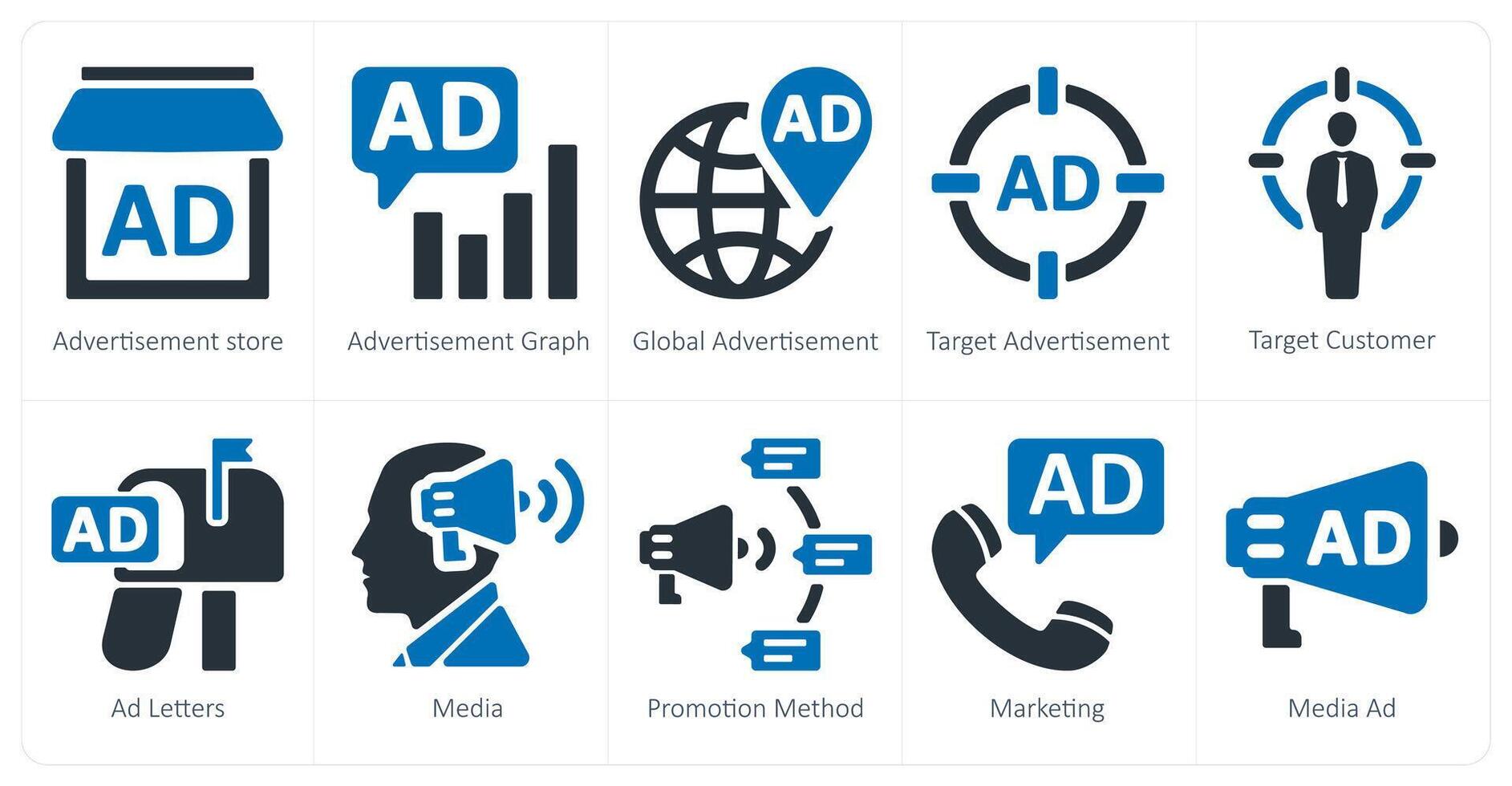 A set of 10 ads and marketing icons as advertisement store, advertisement graph, global advertisement vector