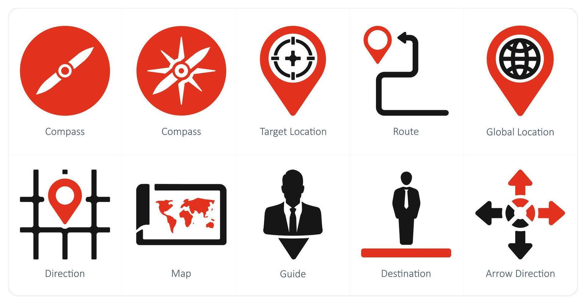 A set of 10 Navigation icons as compass, target location, route vector