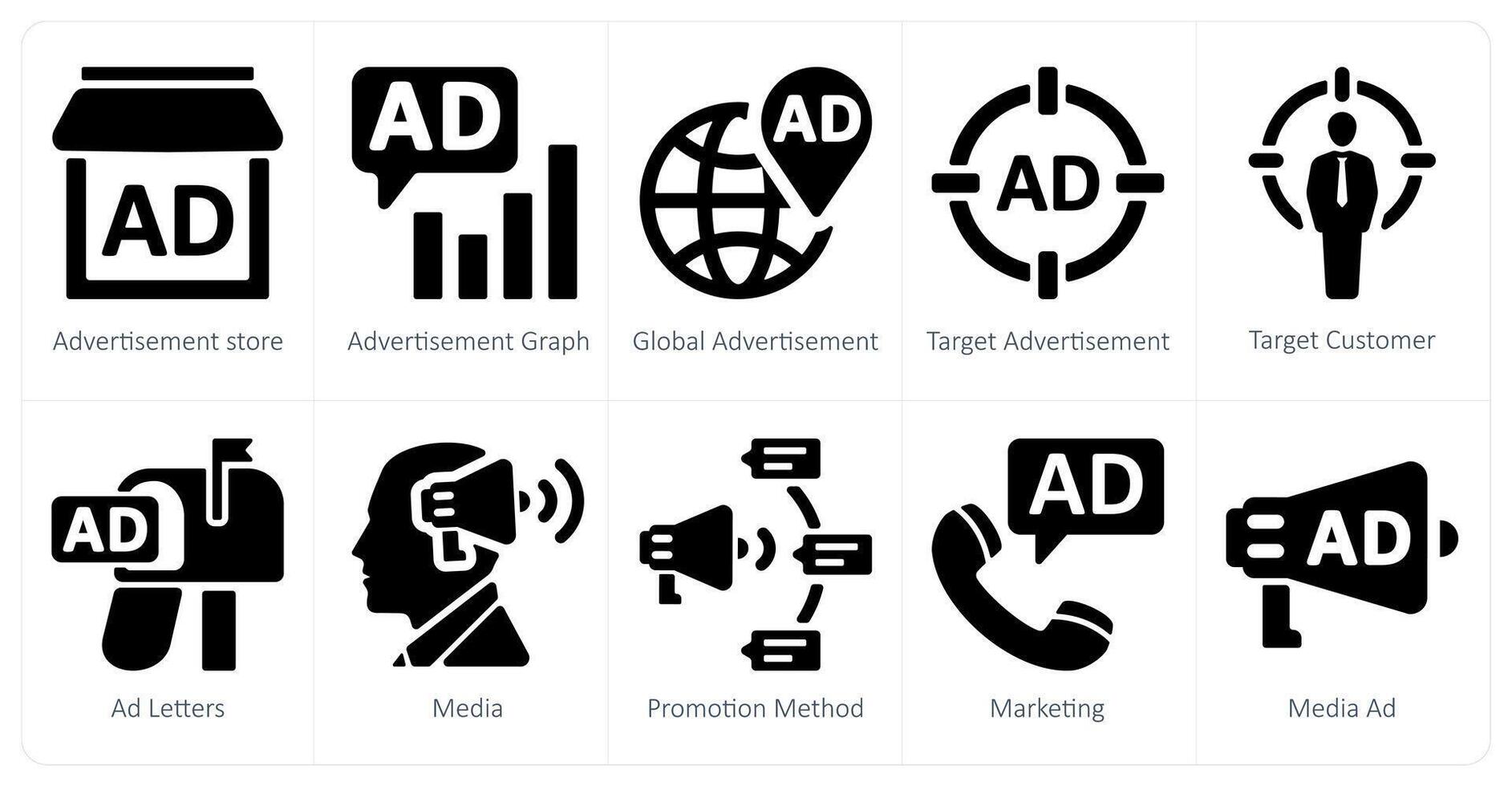 A set of 10 ads and marketing icons as advertisement store, advertisement graph, global advertisement vector