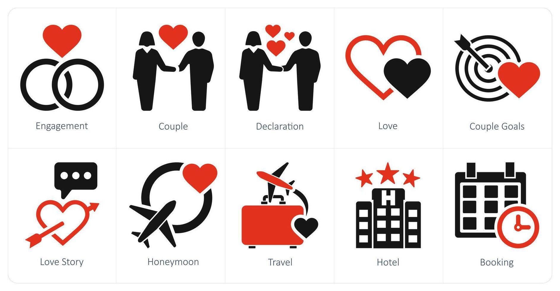 A set of 10 honeymoon icons as engagement, couple, declaration vector