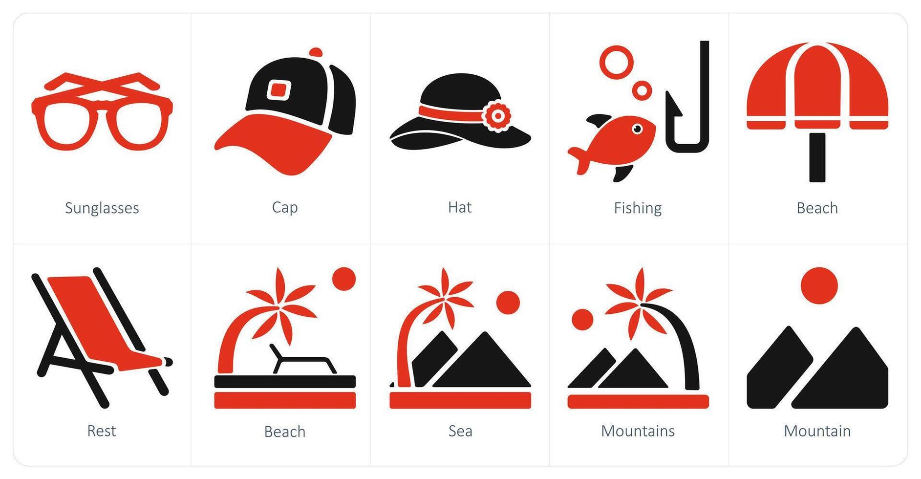 A set of 10 Travel and vacation icons as sunglasses, cap, hat vector