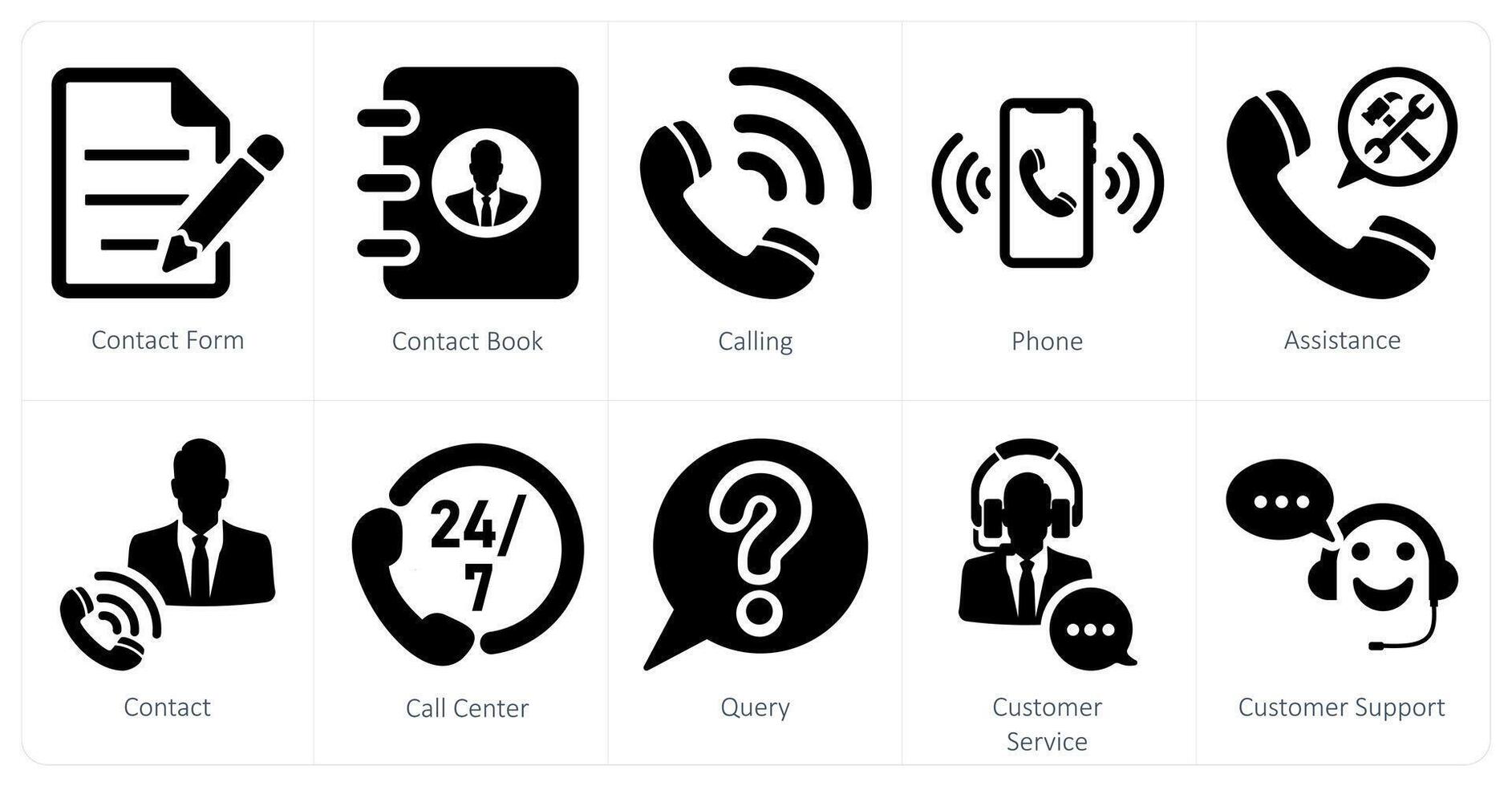 A set of 10 contact icons as contact form, contact book, calling vector