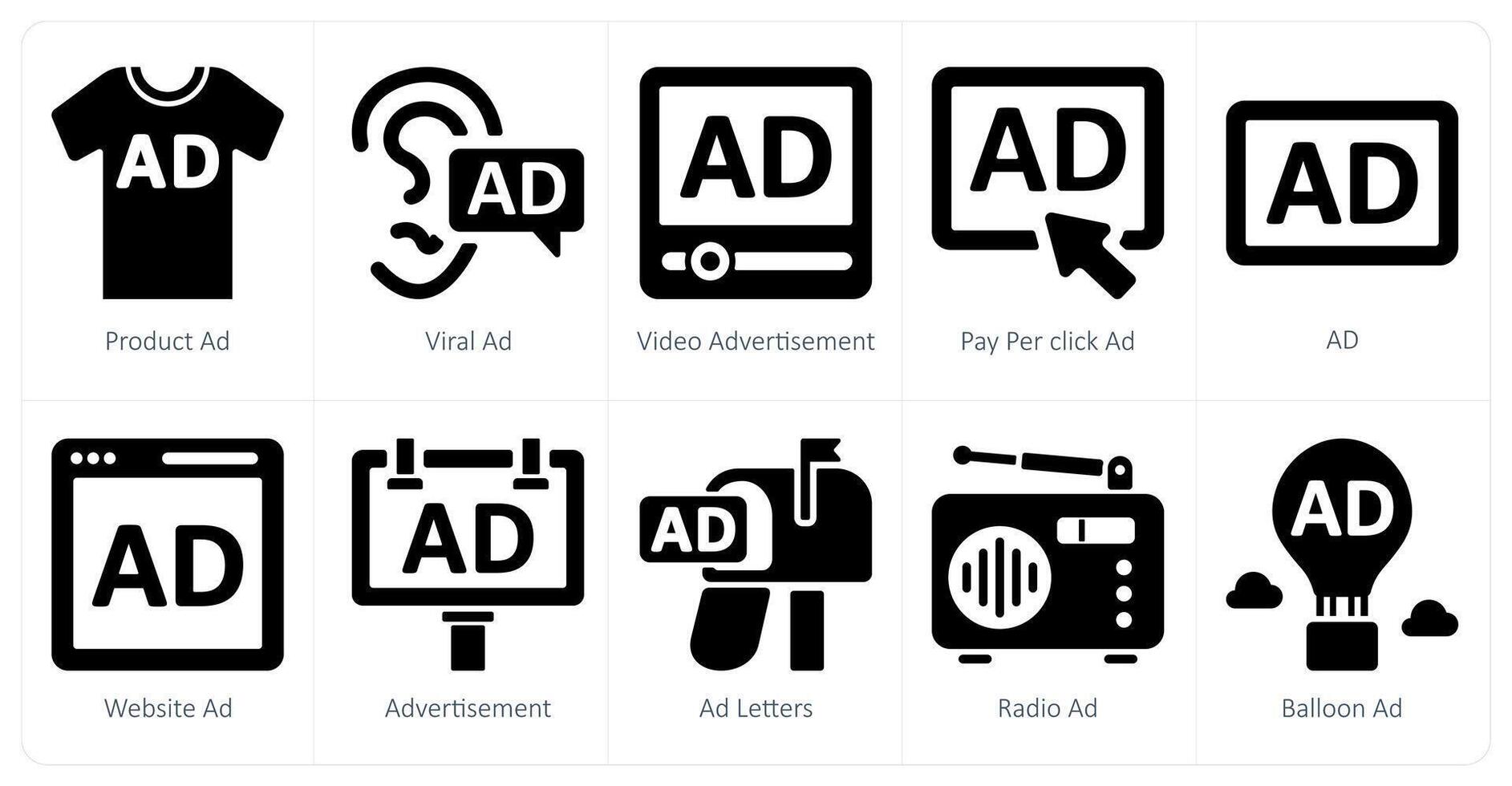 A set of 10 ads and marketing icons as product ad, viral ad, advertisement vector