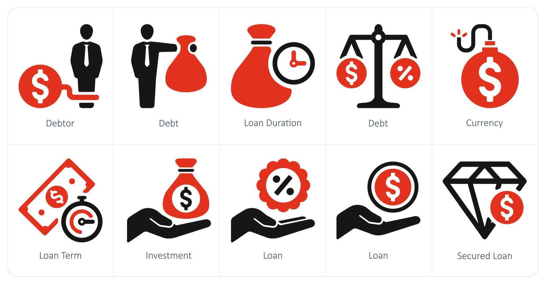 un conjunto de 10 préstamo y deuda íconos como deudor, deuda, préstamo duración vector