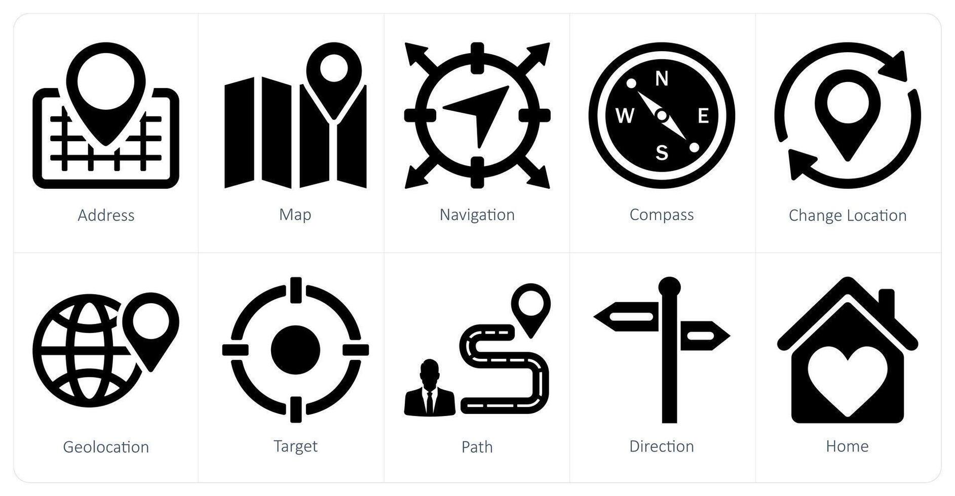 A set of 10 location icons as address, map, navigation vector