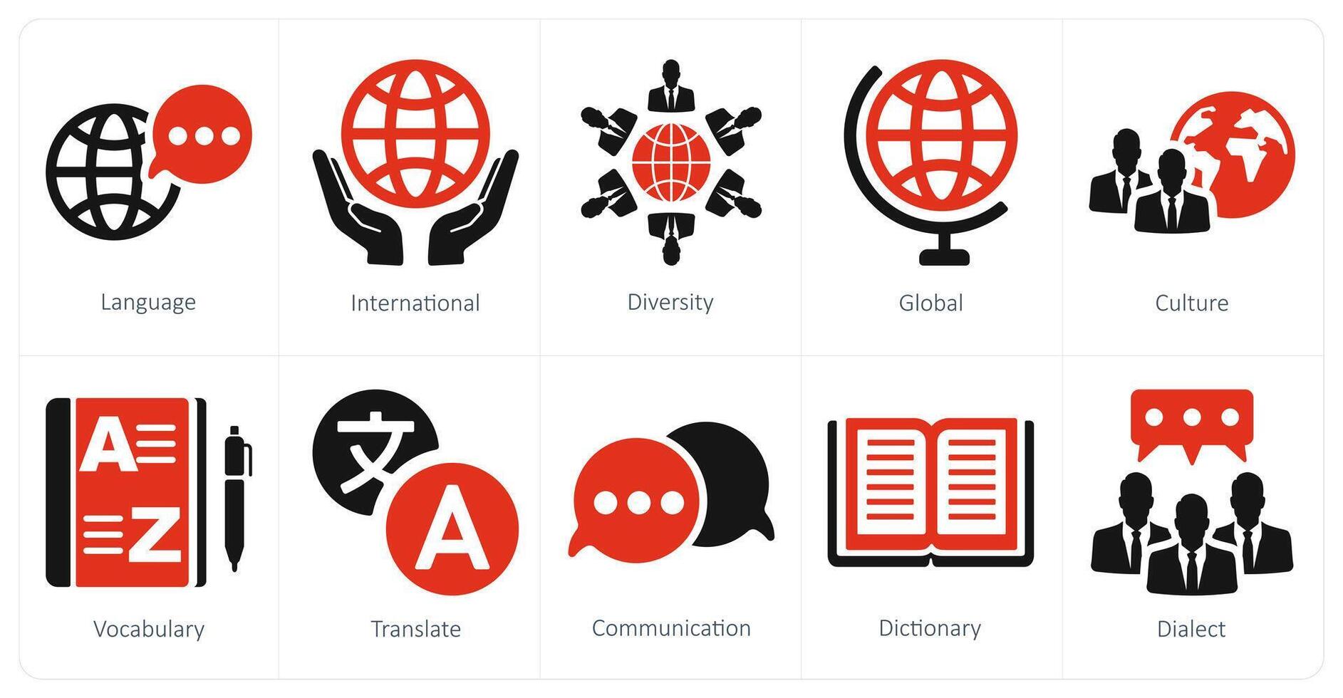 A set of 10 language icons as language, international, diversity vector