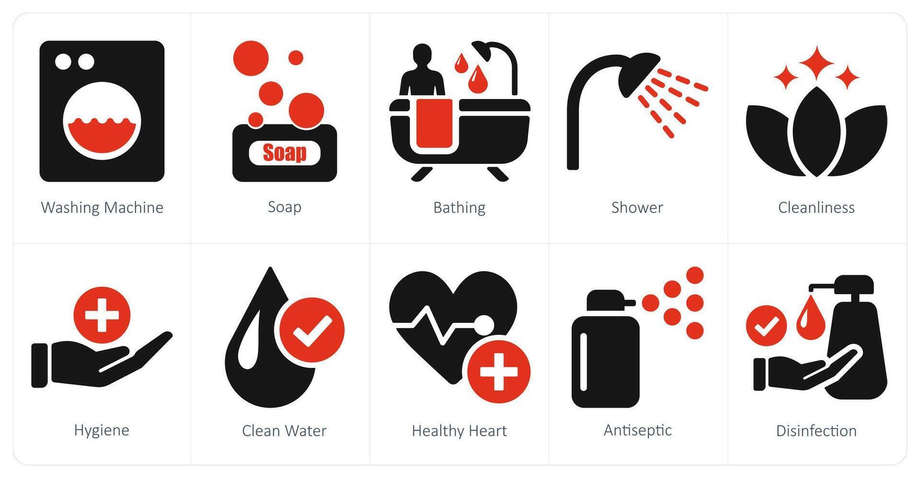 A set of 10 hygiene icons as washing machine, soap, bathing vector