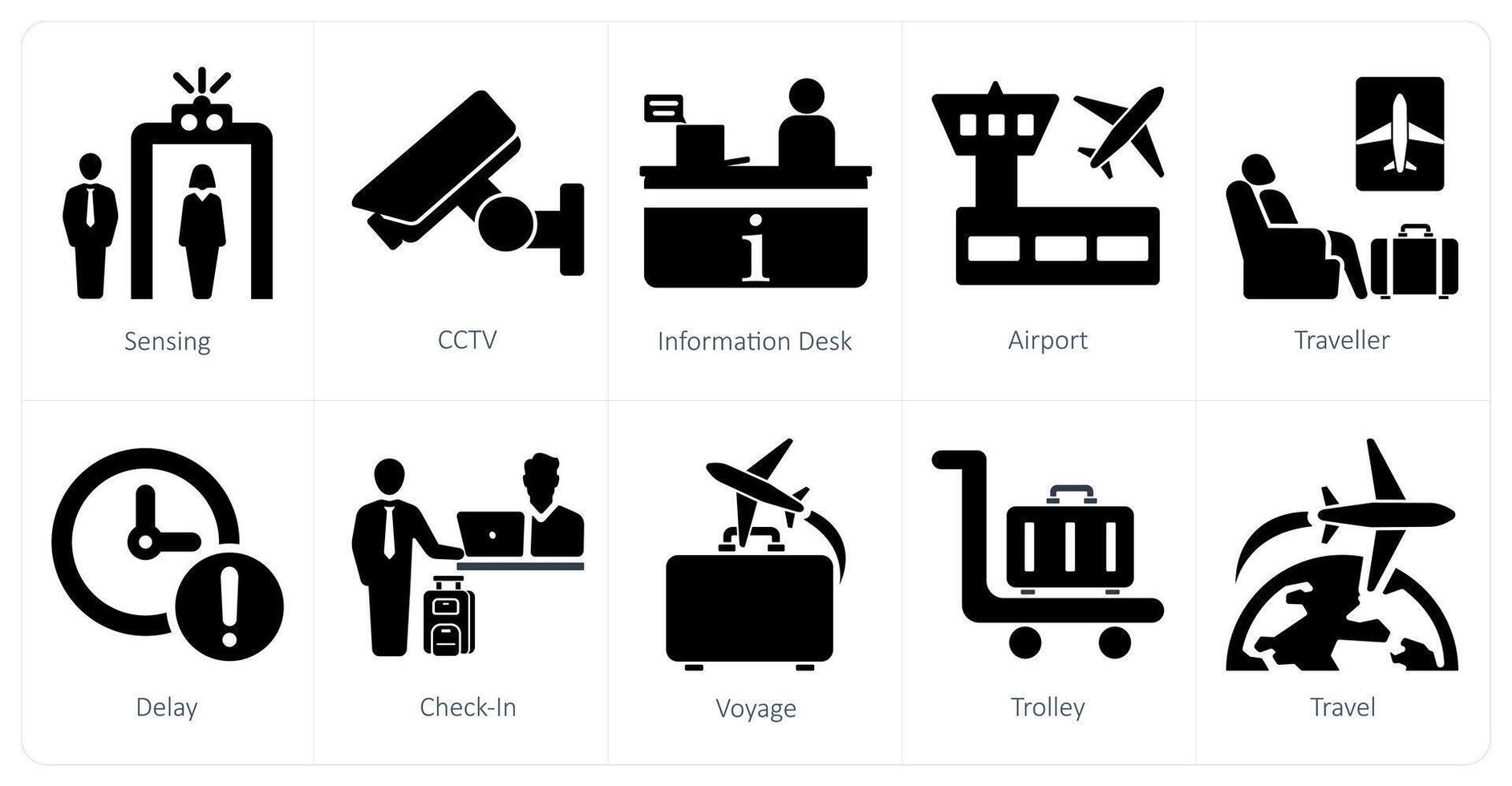 A set of 10 airport icons as sensing, cctv, information desk vector