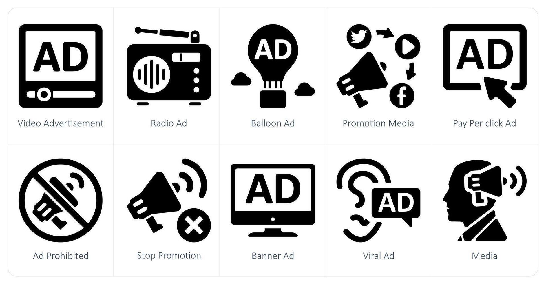 A set of 10 ads and marketing icons as advertisement, radio ad, balloon ad vector