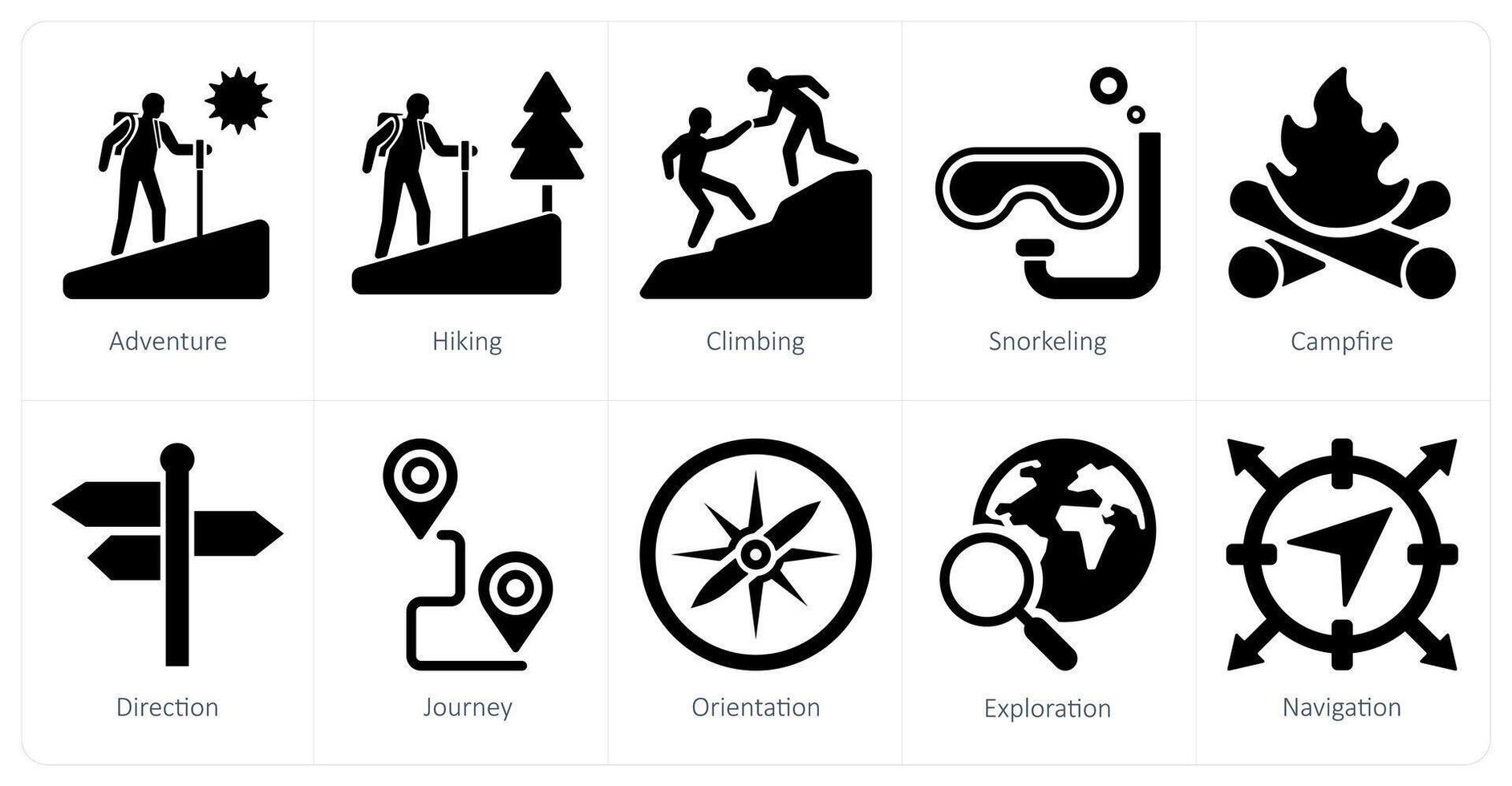 A set of 10 adventure icons as adventure, hiking, climbing vector