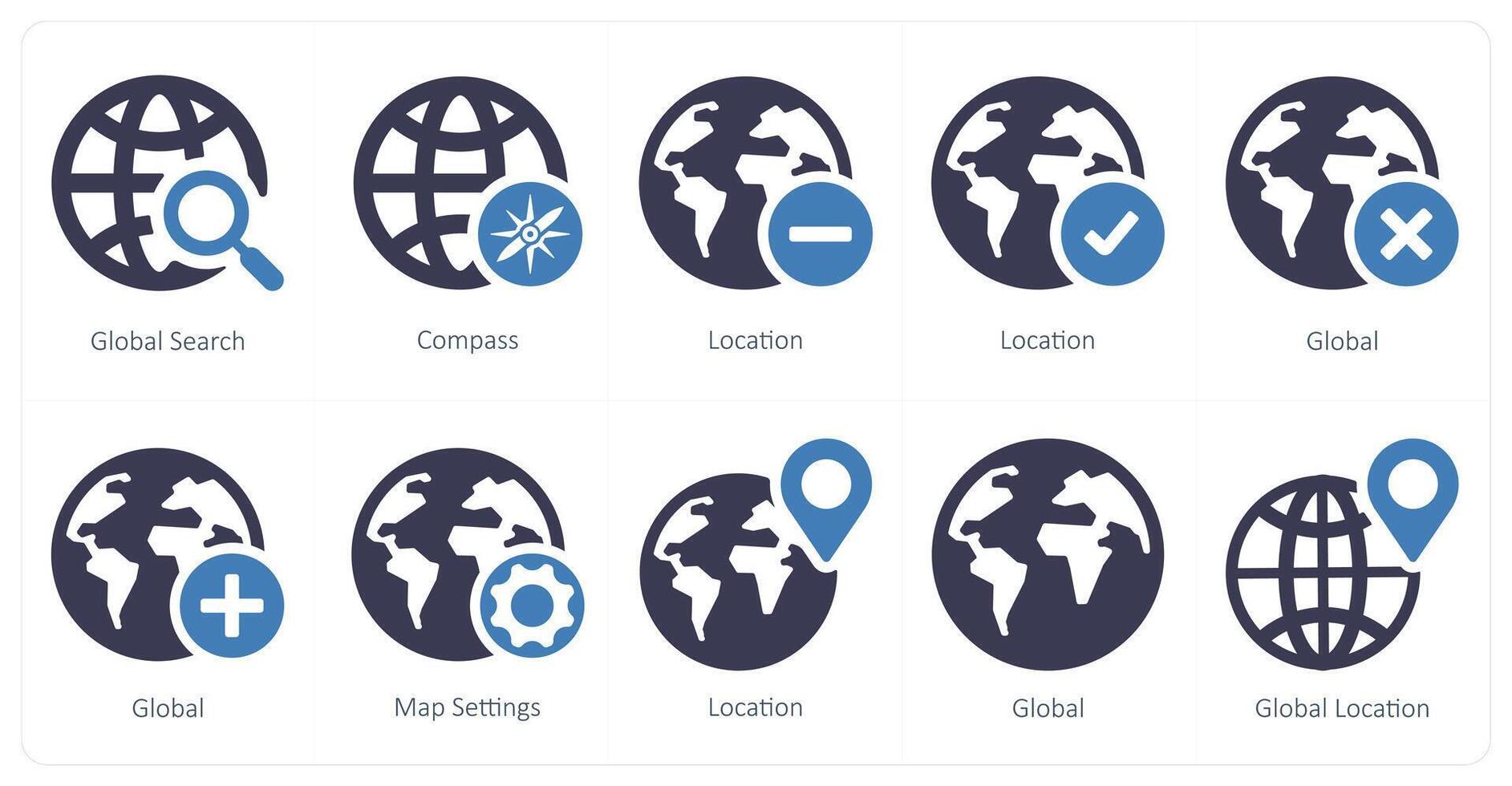 A set of 10 Navigation icons as global search, compass, location vector