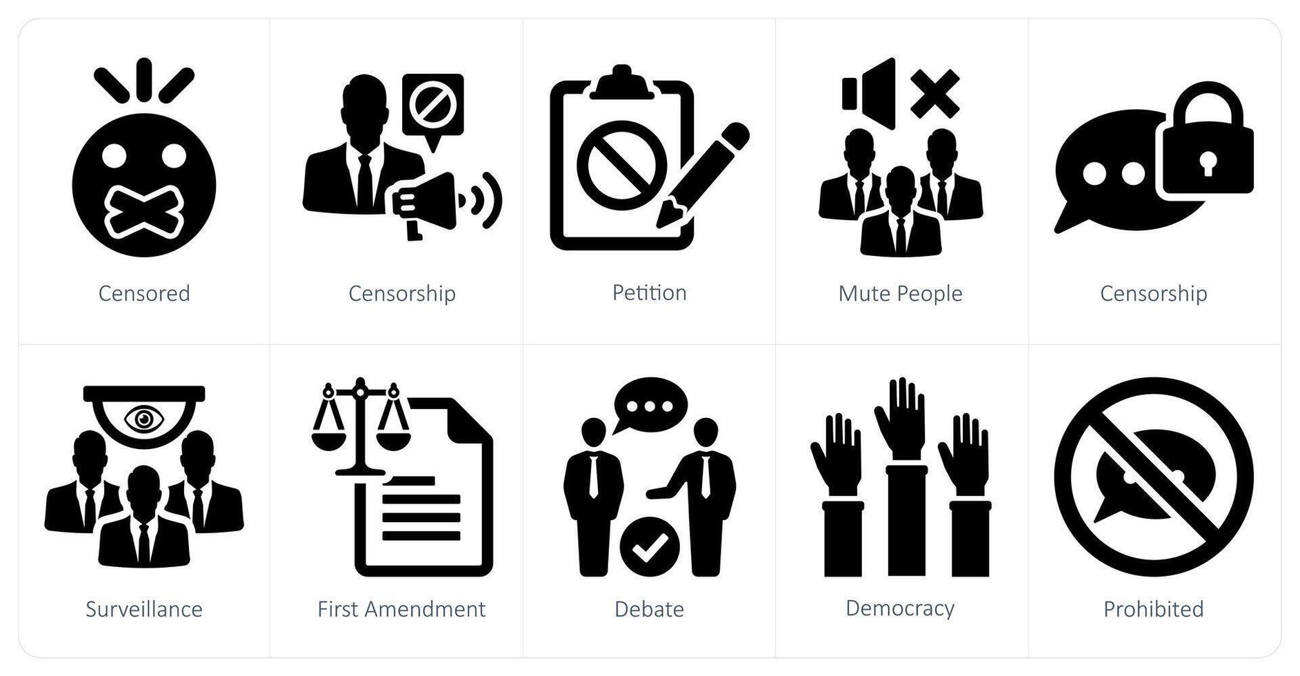 A set of 10 freedom of speech icons as censored, censorship, petition vector