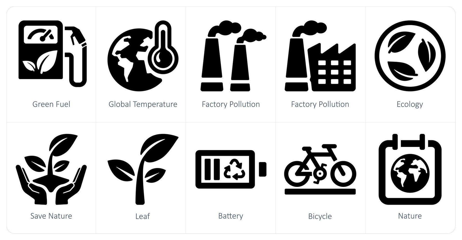 A set of 10 Ecology icons as green fuel, global temperature, factory pollution vector