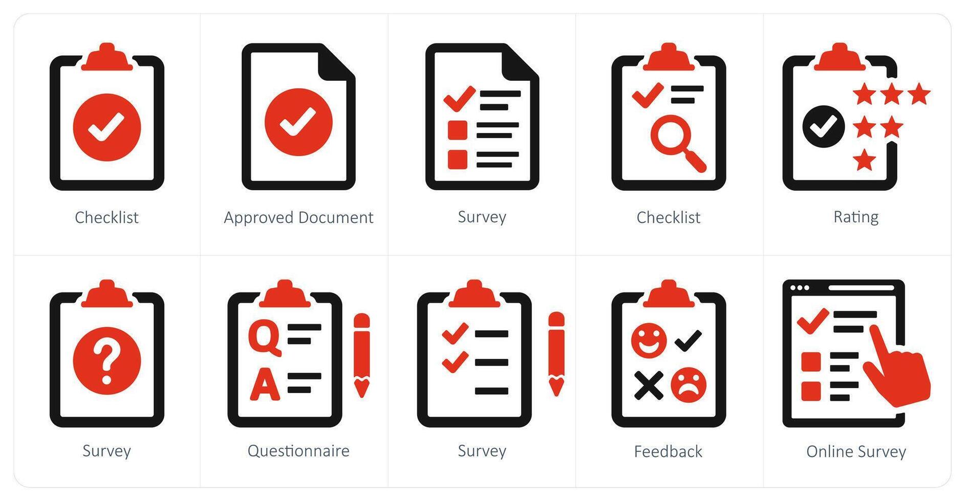 A set of 10 survey and rating icons as checklist, approved document, survey vector