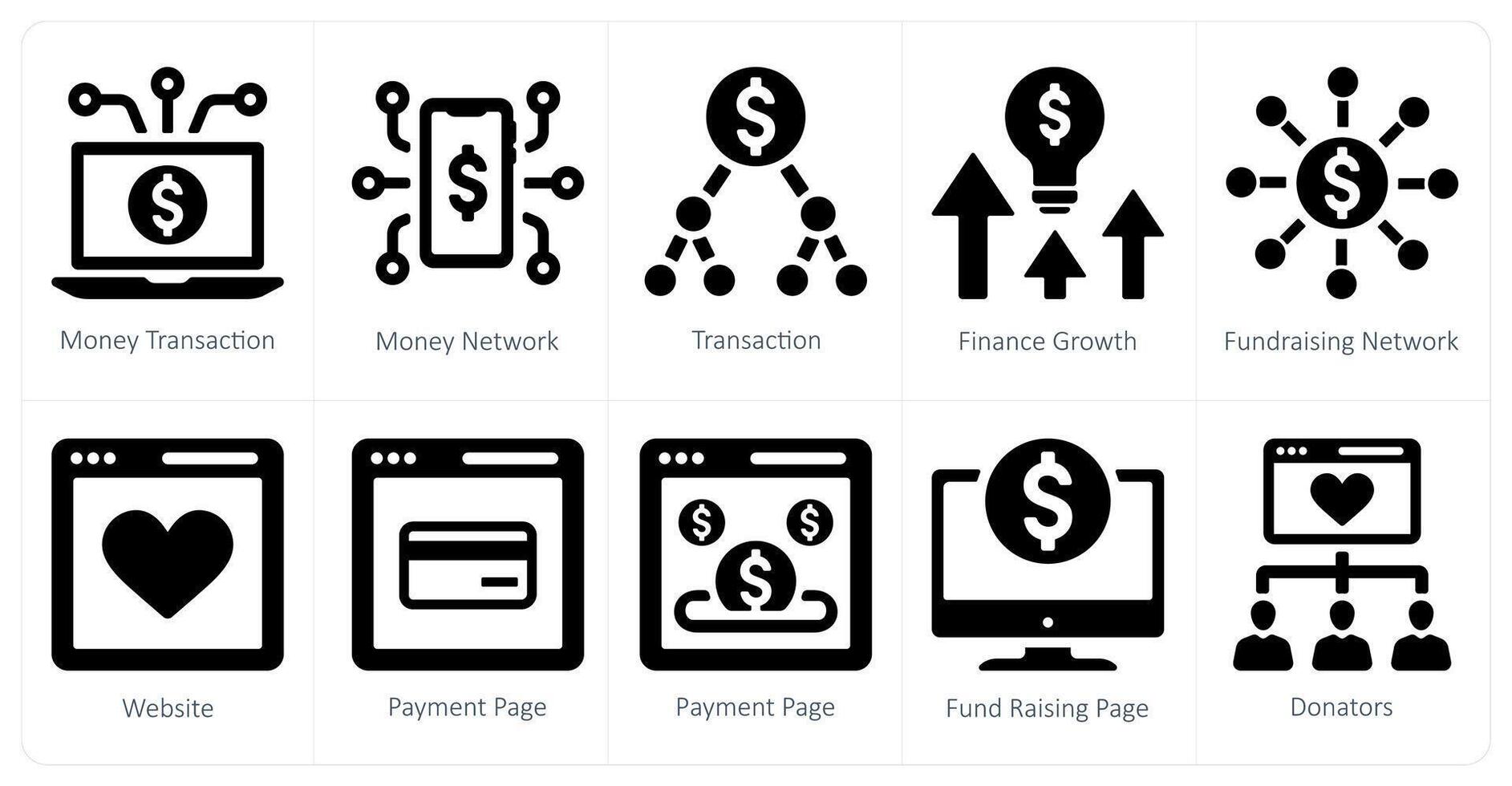 A set of 10 crowdfunding icons as money transation, money network, transaction vector