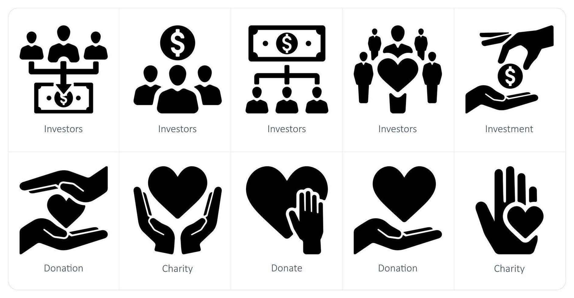 A set of 10 crowdfunding icons as investors, investment, donation vector