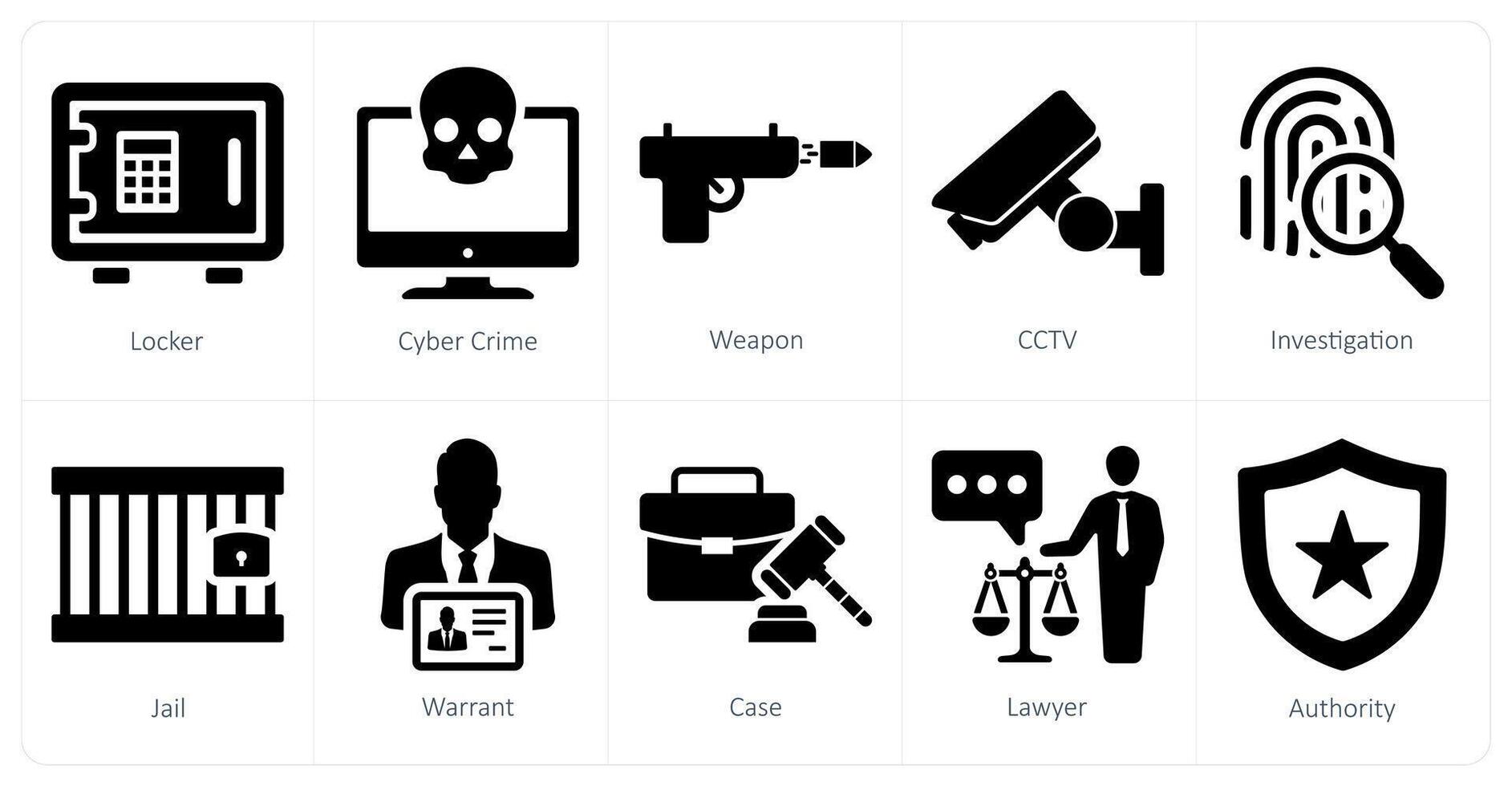 A set of 10 justice icons as locker, cyber crime, weapon vector