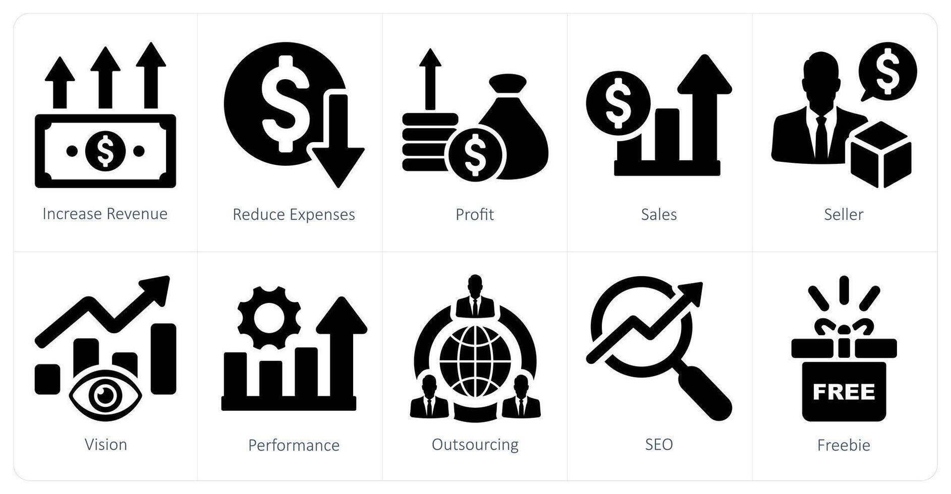 A set of 10 increase sale icons as increase revenue, reduce expenses, profit vector