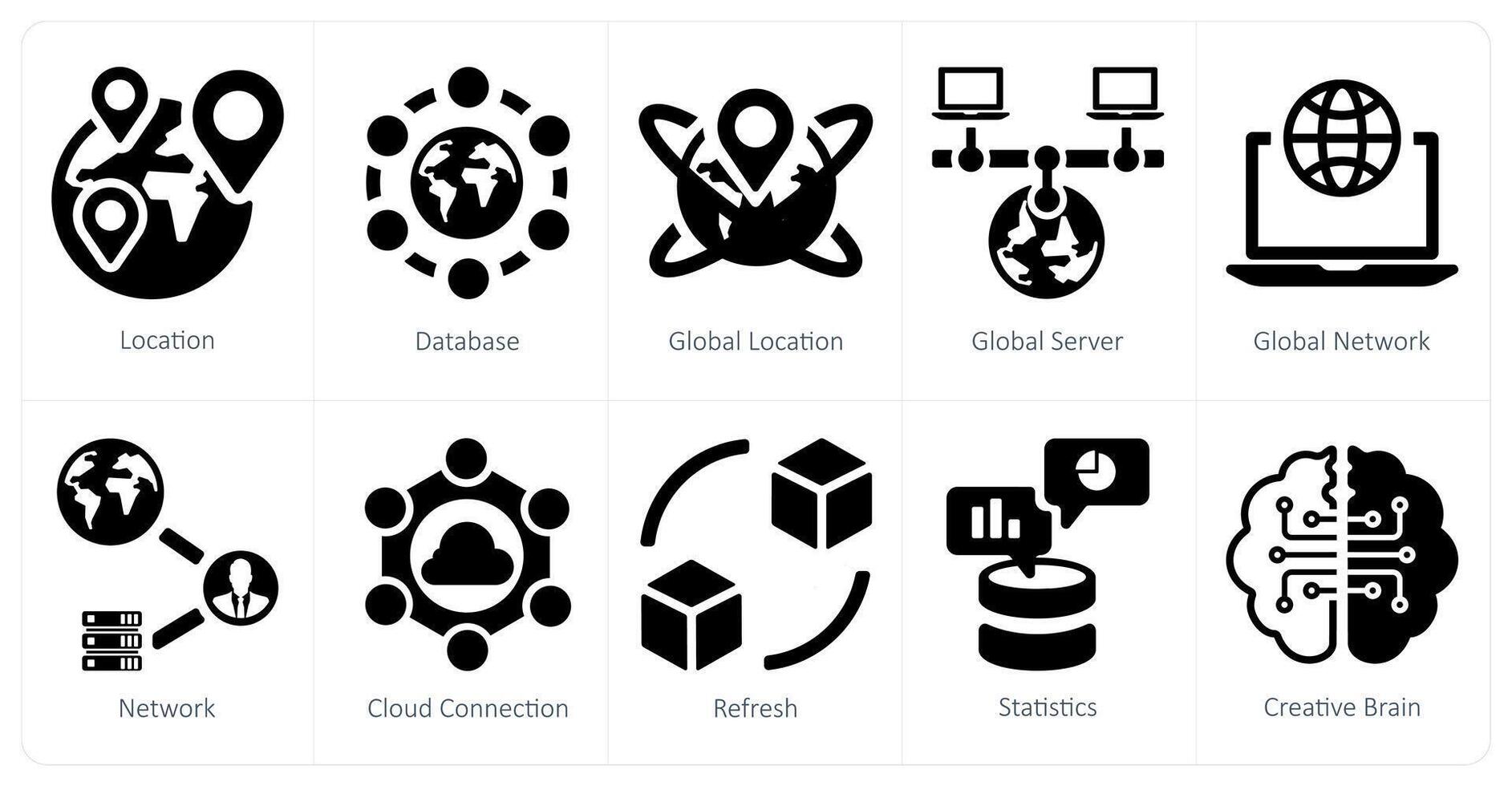 un conjunto de 10 grande datos íconos como ubicación, base de datos, global ubicación vector