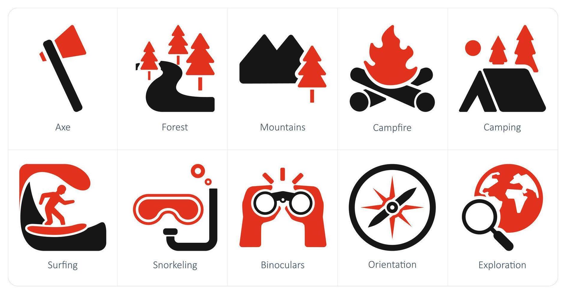 un conjunto de 10 aventuras íconos como hacha, bosque, montañas vector