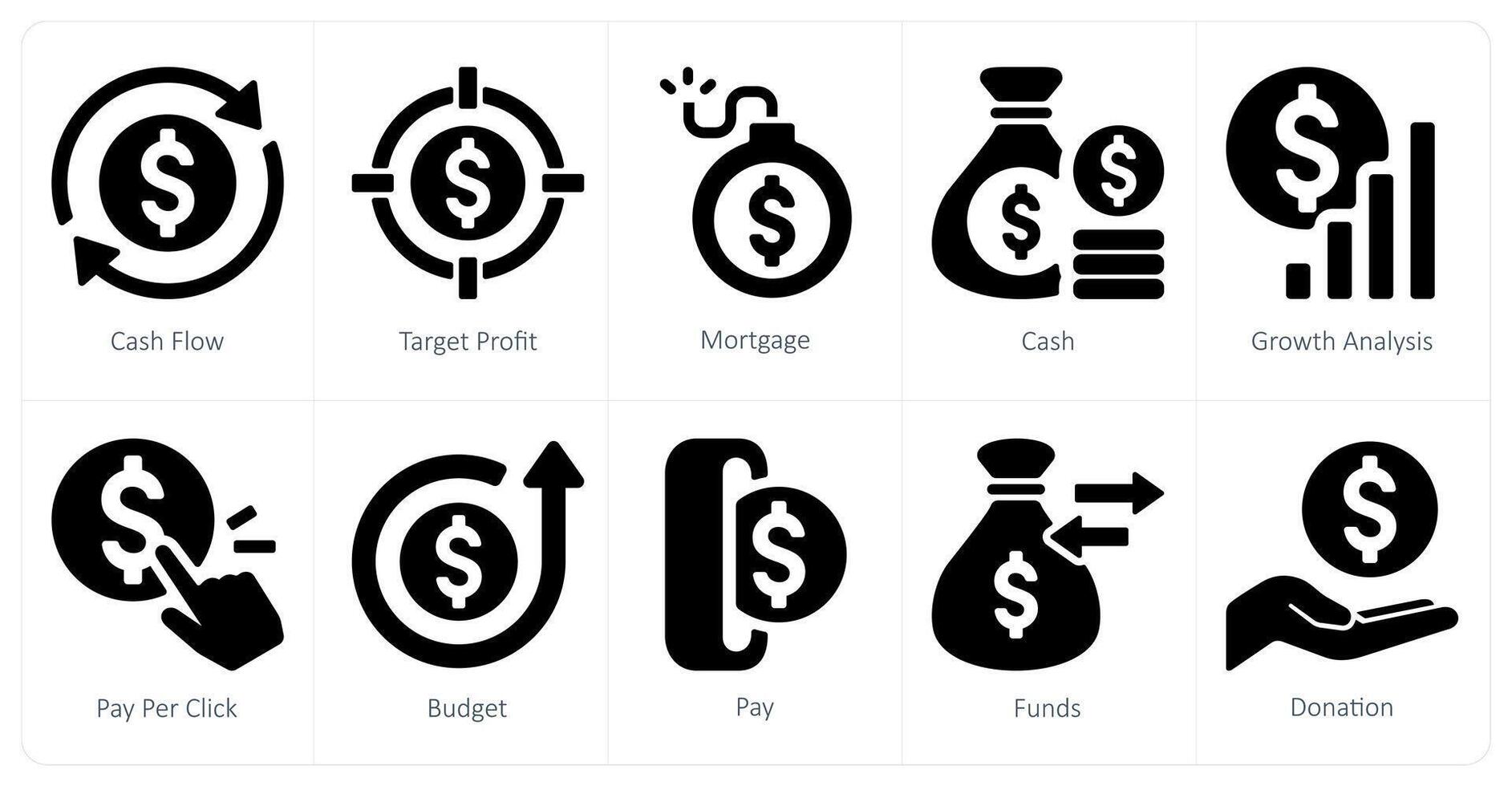 A set of 10 finance icons as cash flow, target profit, mortgage vector