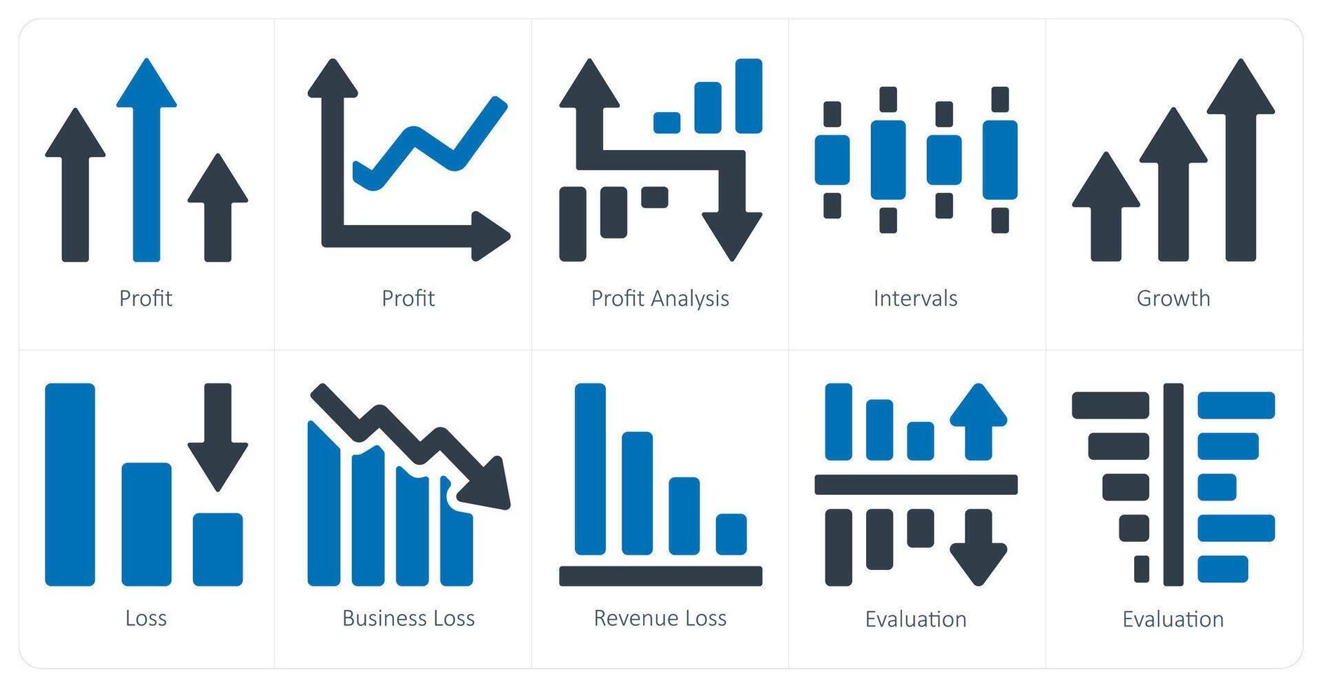 un conjunto de 10 diagramas y informes íconos como ganancia, lucro análisis, intervalos vector