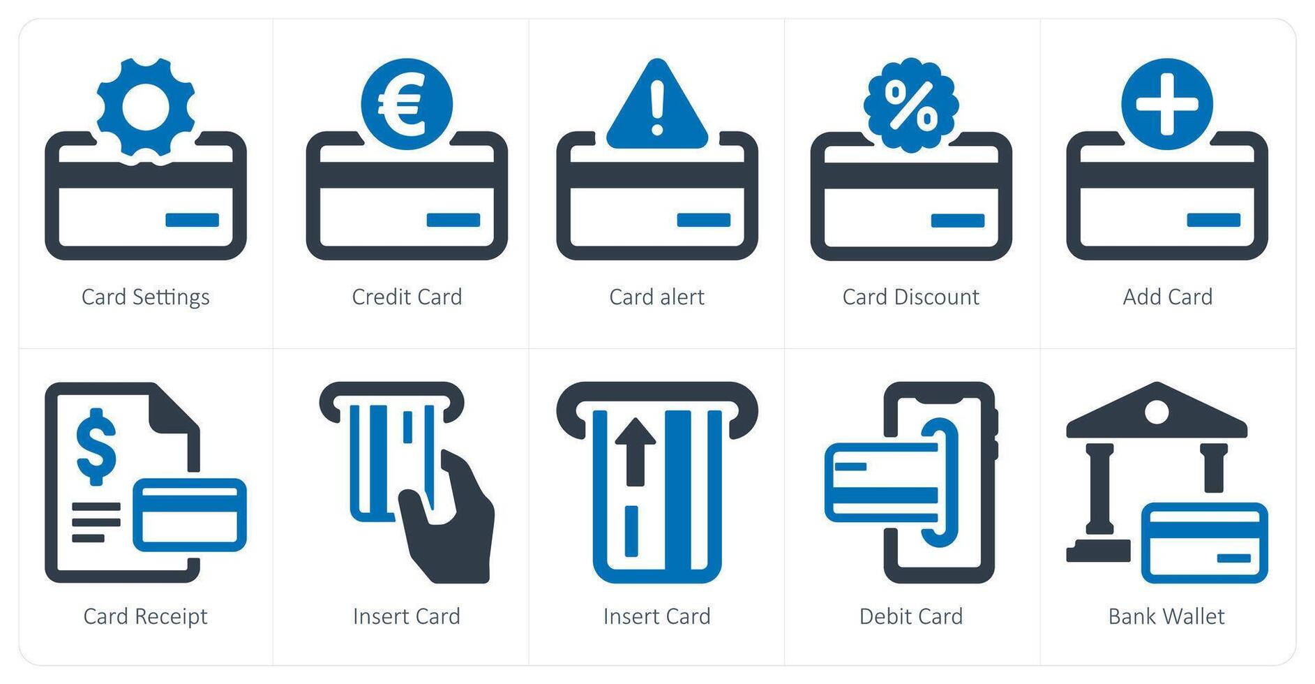 A set of 10 finance icons as card settings, credit card, card alert vector