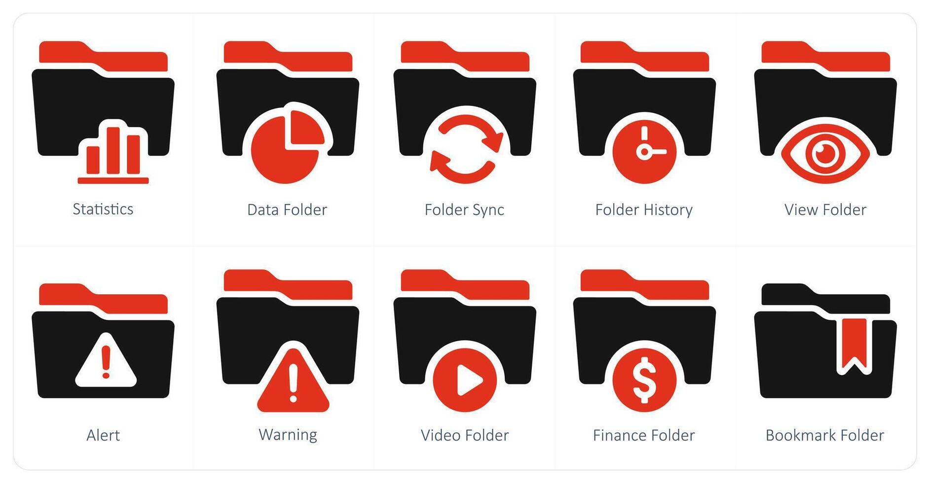 A set of 10 Folder icons as statistics, data folder, folder sync vector