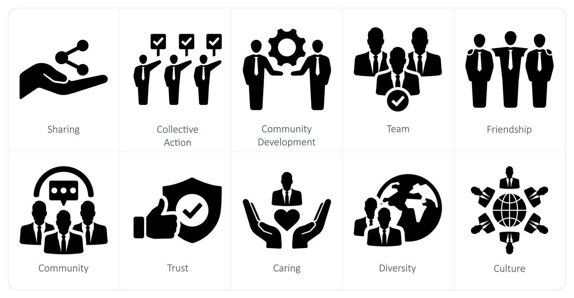 A set of 10 community icons as sharing, collective action, community development vector