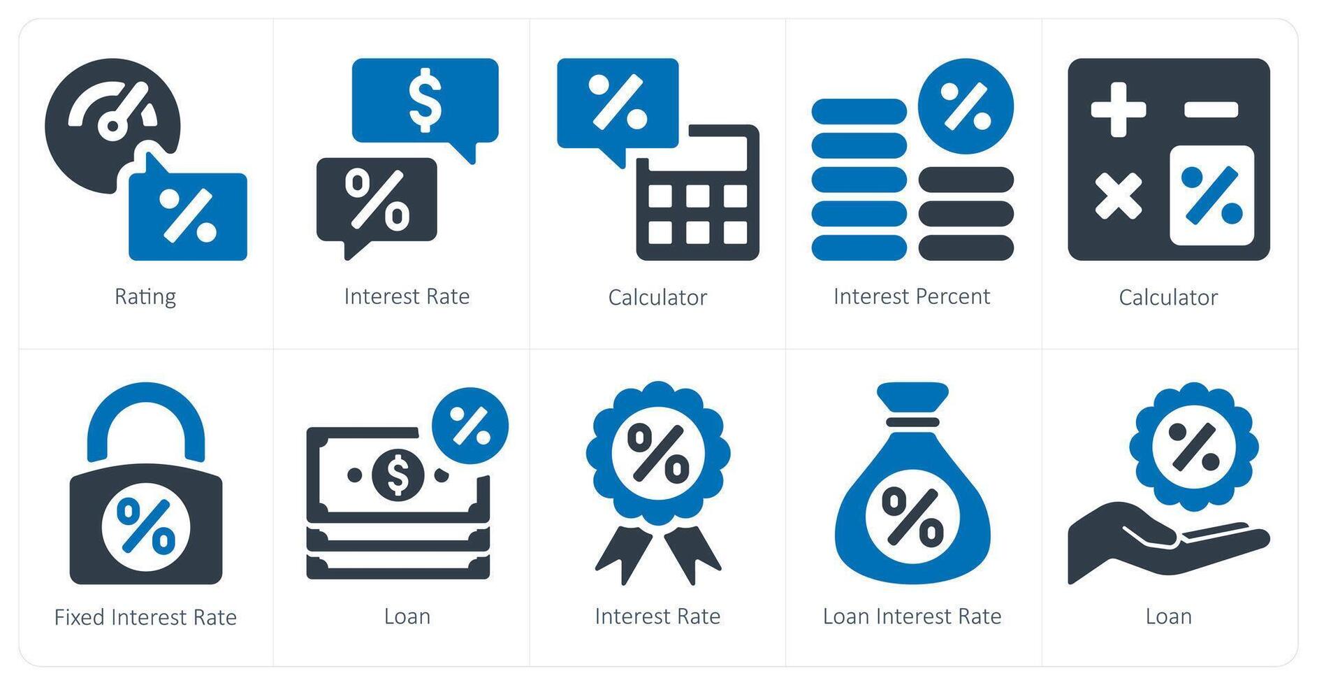 A set of 10 Loan and Debt icons as rating, interest rate, calculator vector