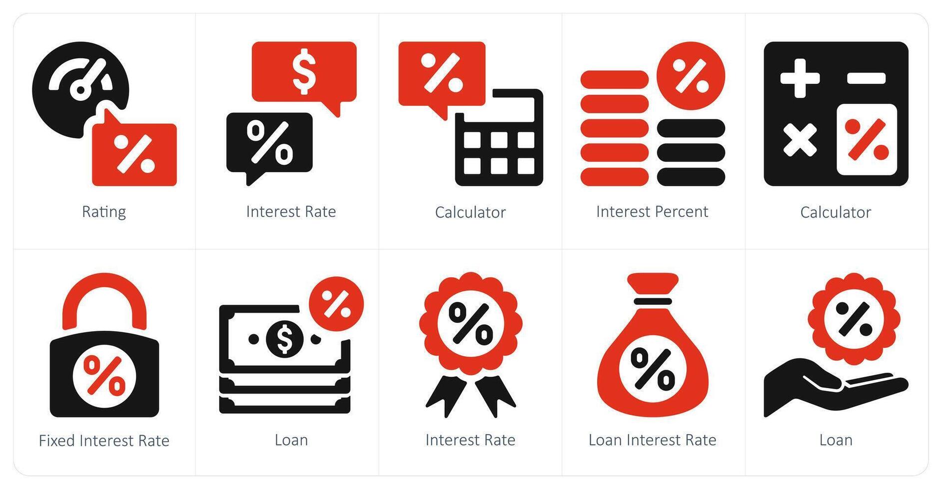 A set of 10 Loan and Debt icons as rating, interest rate, calculator vector