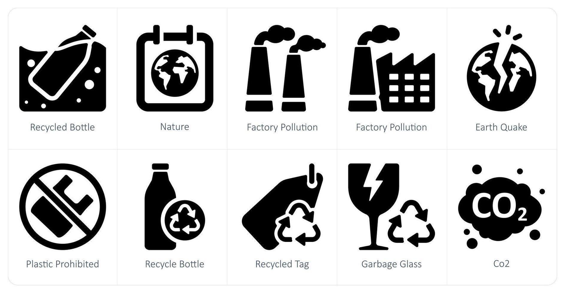 un conjunto de 10 ecología íconos como reciclado botella, naturaleza, fábrica contaminación vector