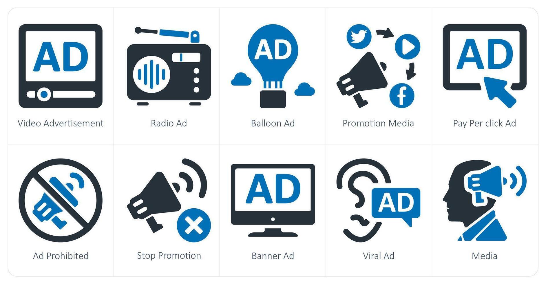 A set of 10 ads and marketing icons as radio ad, balloon ad vector