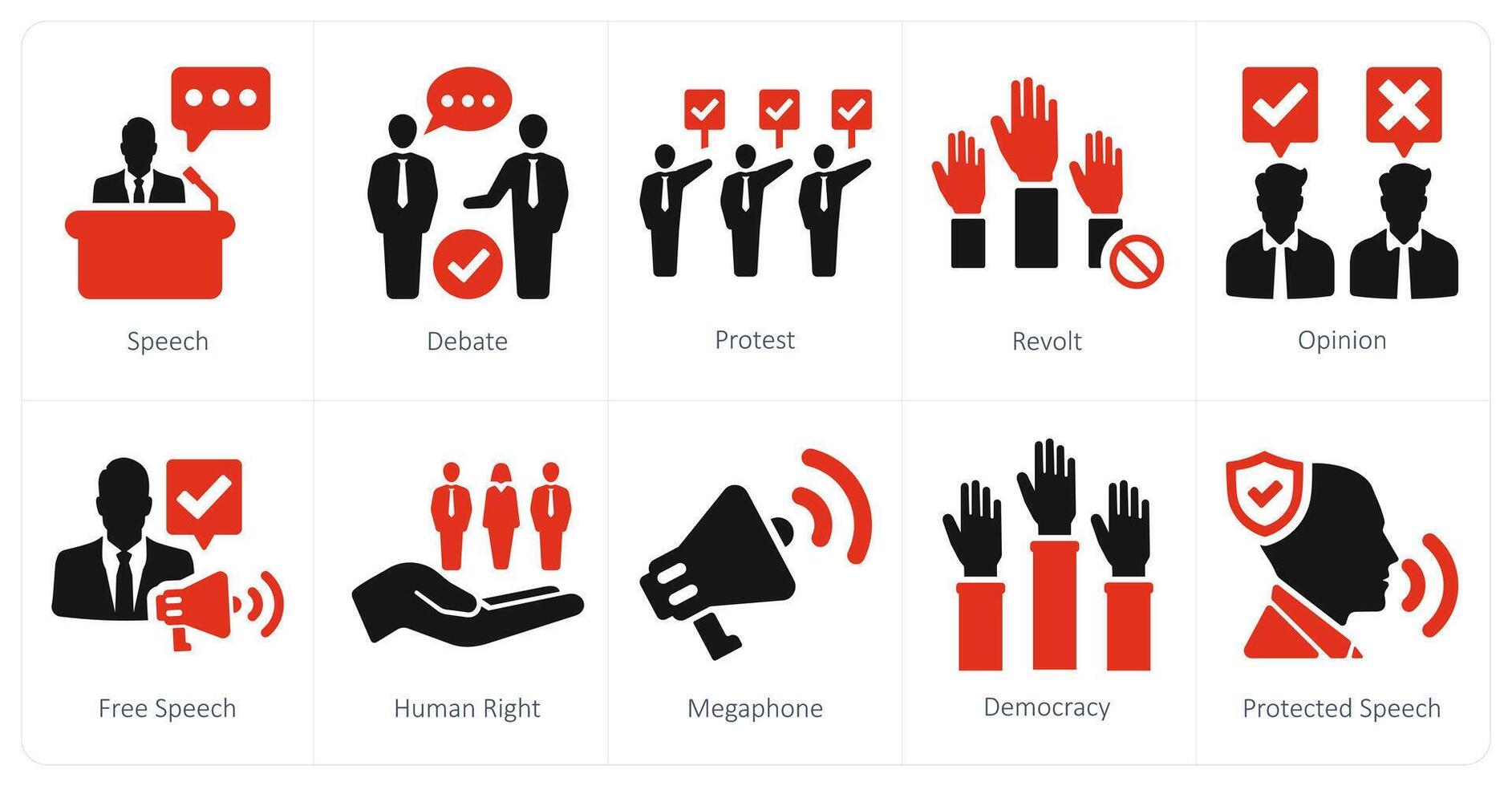 A set of 10 freedom of speech icons as speech, debate, protest vector