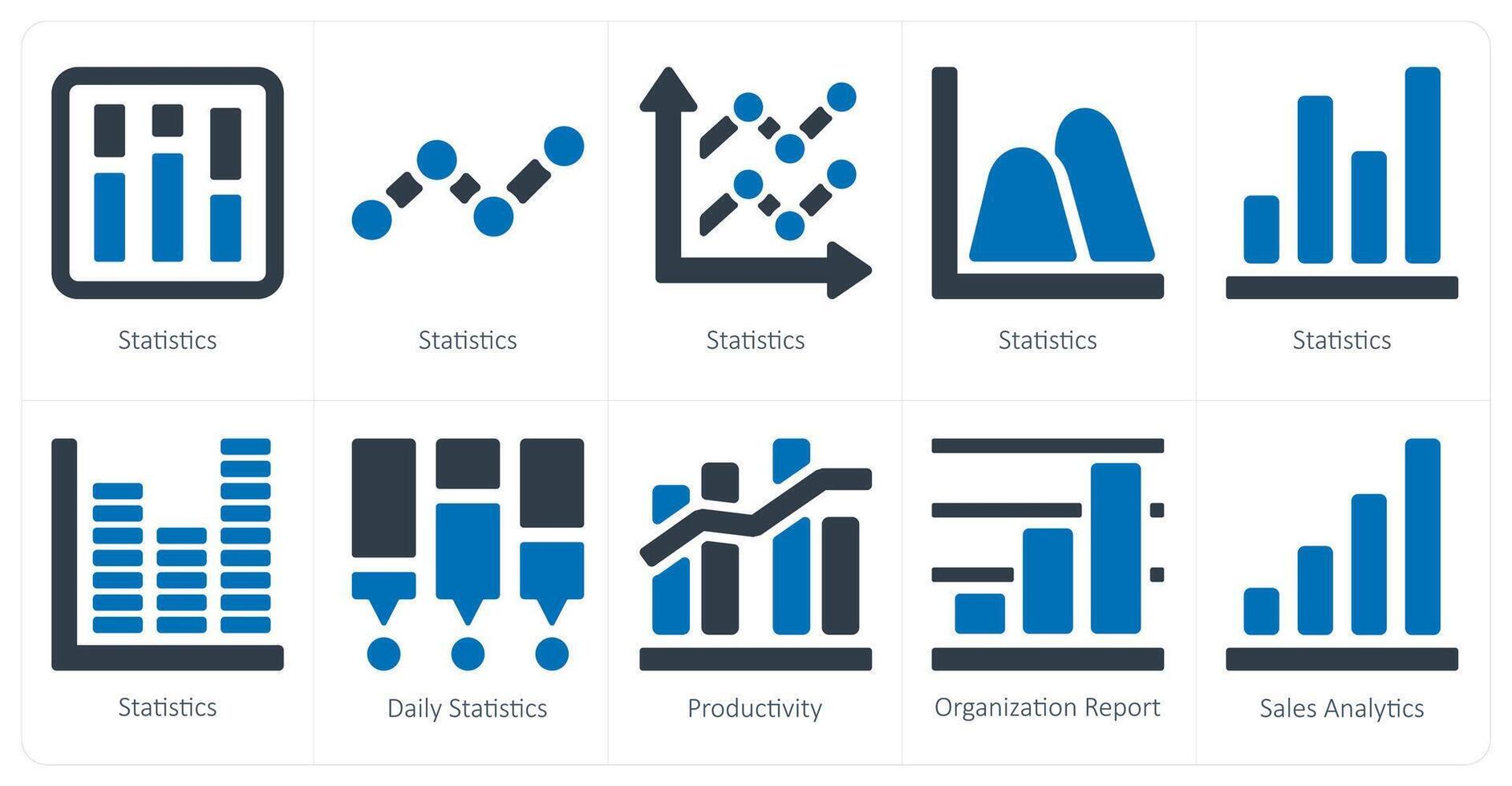 A set of 10 Diagrams and Reports icons as statistics, daily statistics, productivity vector