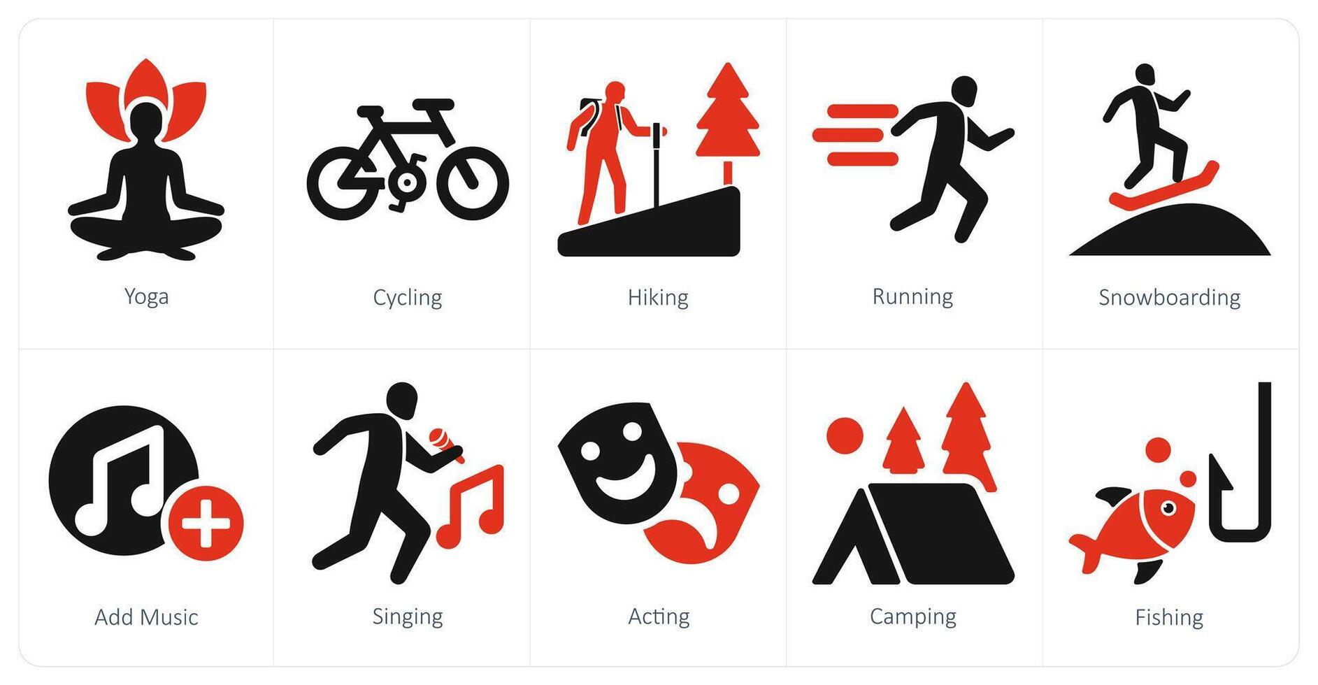 A set of 10 hobby icons as yoga, cycling, hiking vector