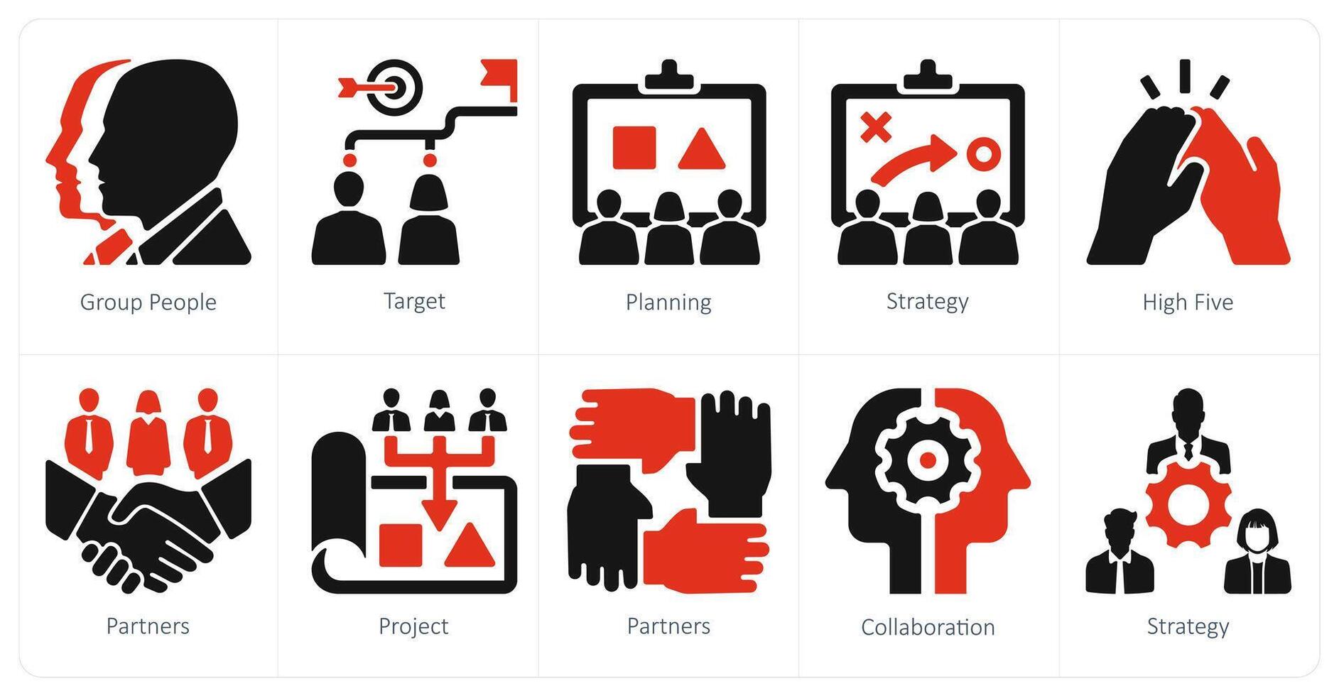 A set of 10 Teamwork icons as group people, target, planning vector